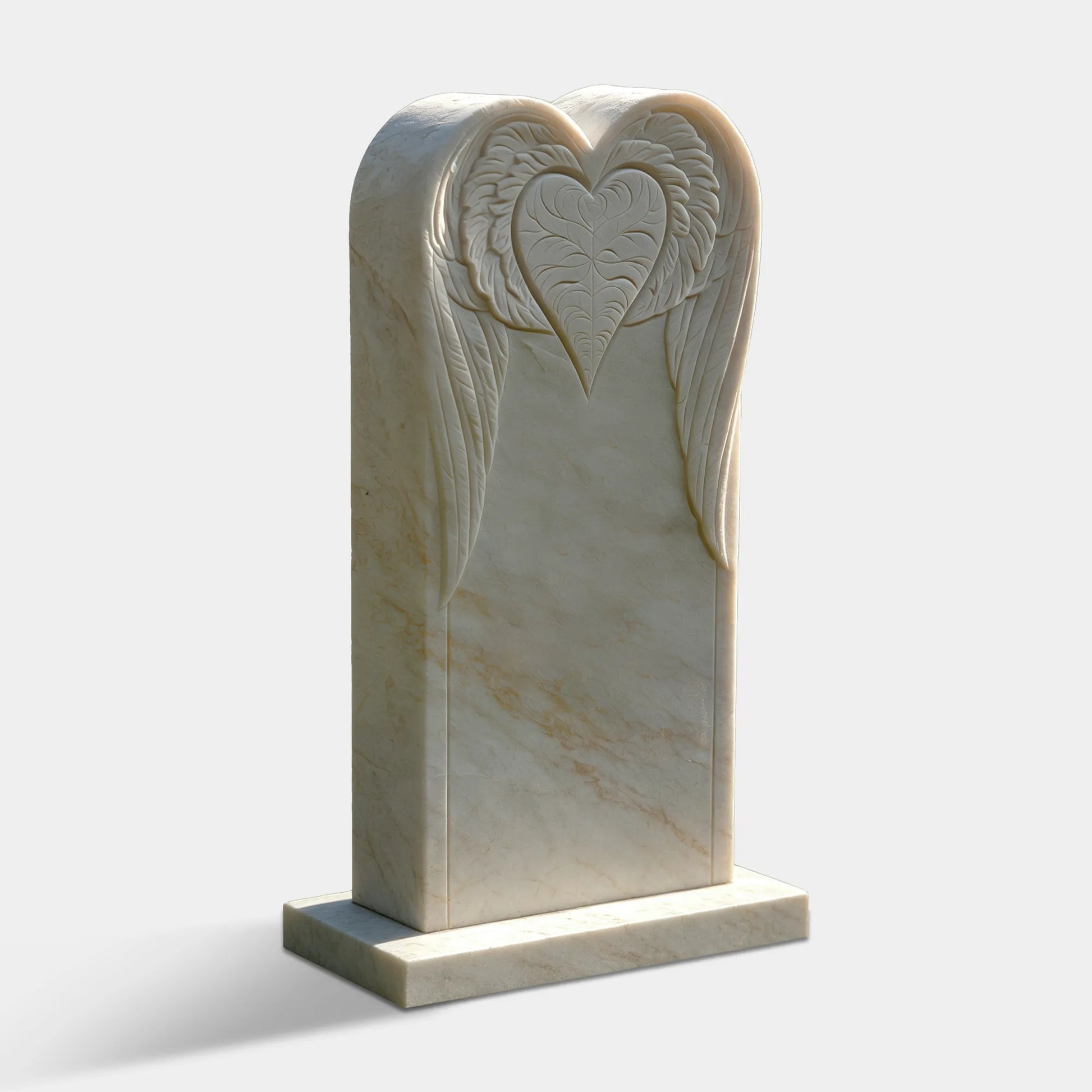 Natural marble tombstone with unique stone patterns, heart shaped top curve and carved wing heart design for memorial settings. 