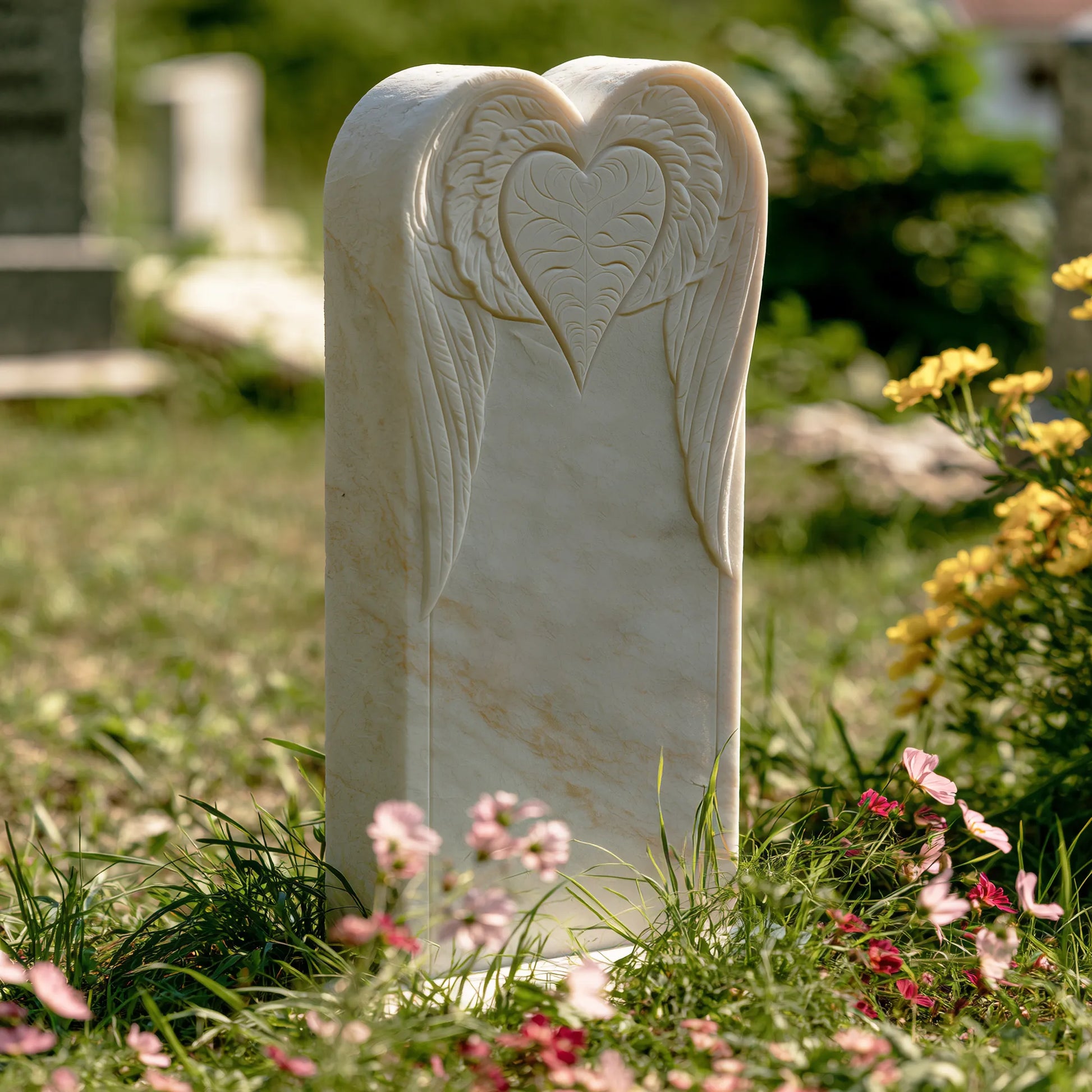 Natural marble tombstone with unique stone patterns, heart shaped top curve and carved wing heart design for memorial settings. 