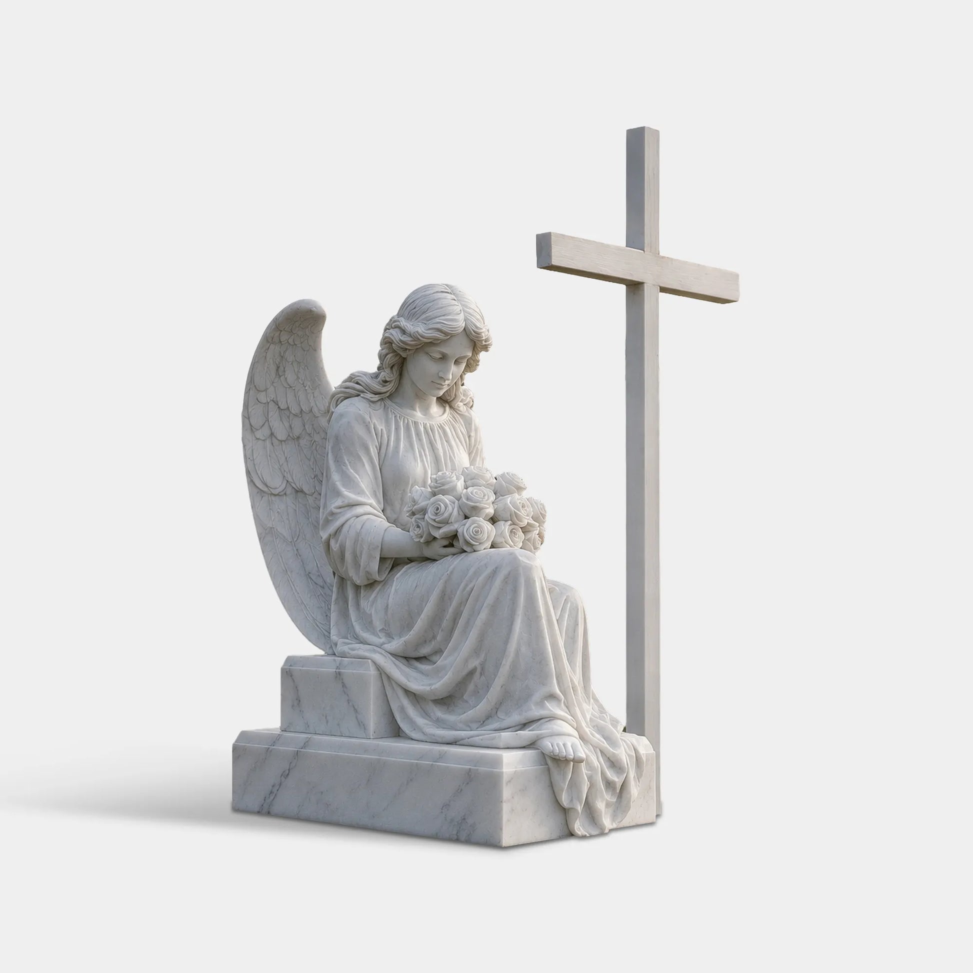 White marble angel statue sitting on a stone pedestal with a cross beside it, holding a bouquet of flowers with a peaceful expression and detailed flowing dress folds.