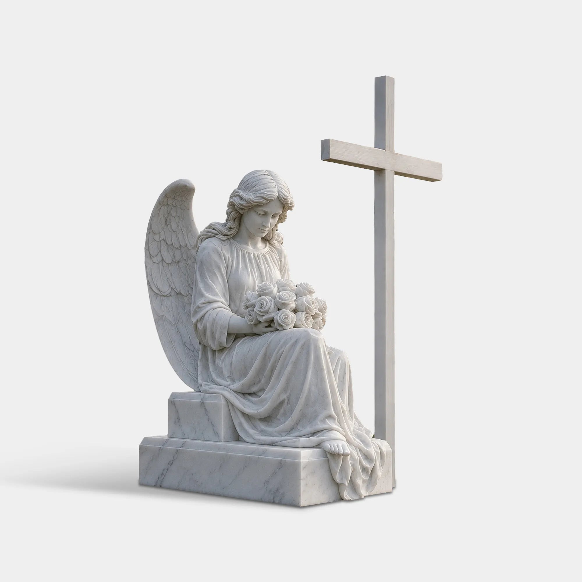White marble angel statue sitting on a stone pedestal with a cross beside it, holding a bouquet of flowers with a peaceful expression and detailed flowing dress folds.