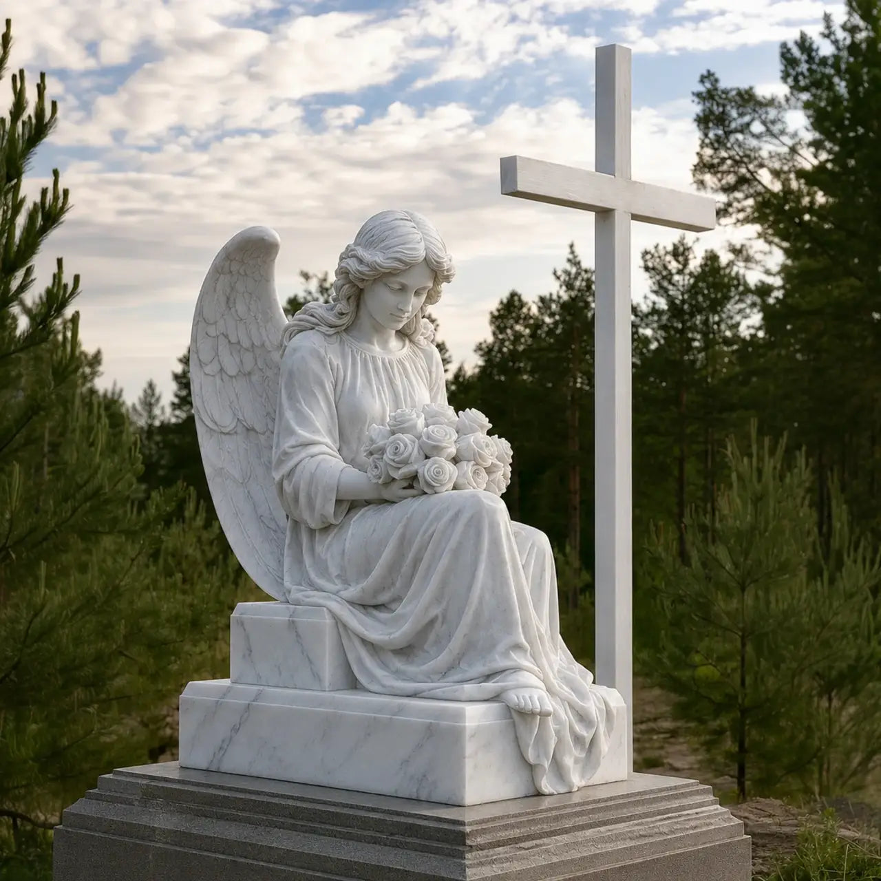 White marble angel statue sitting on a stone pedestal with a cross beside it, holding a bouquet of flowers with a peaceful expression and detailed flowing dress folds