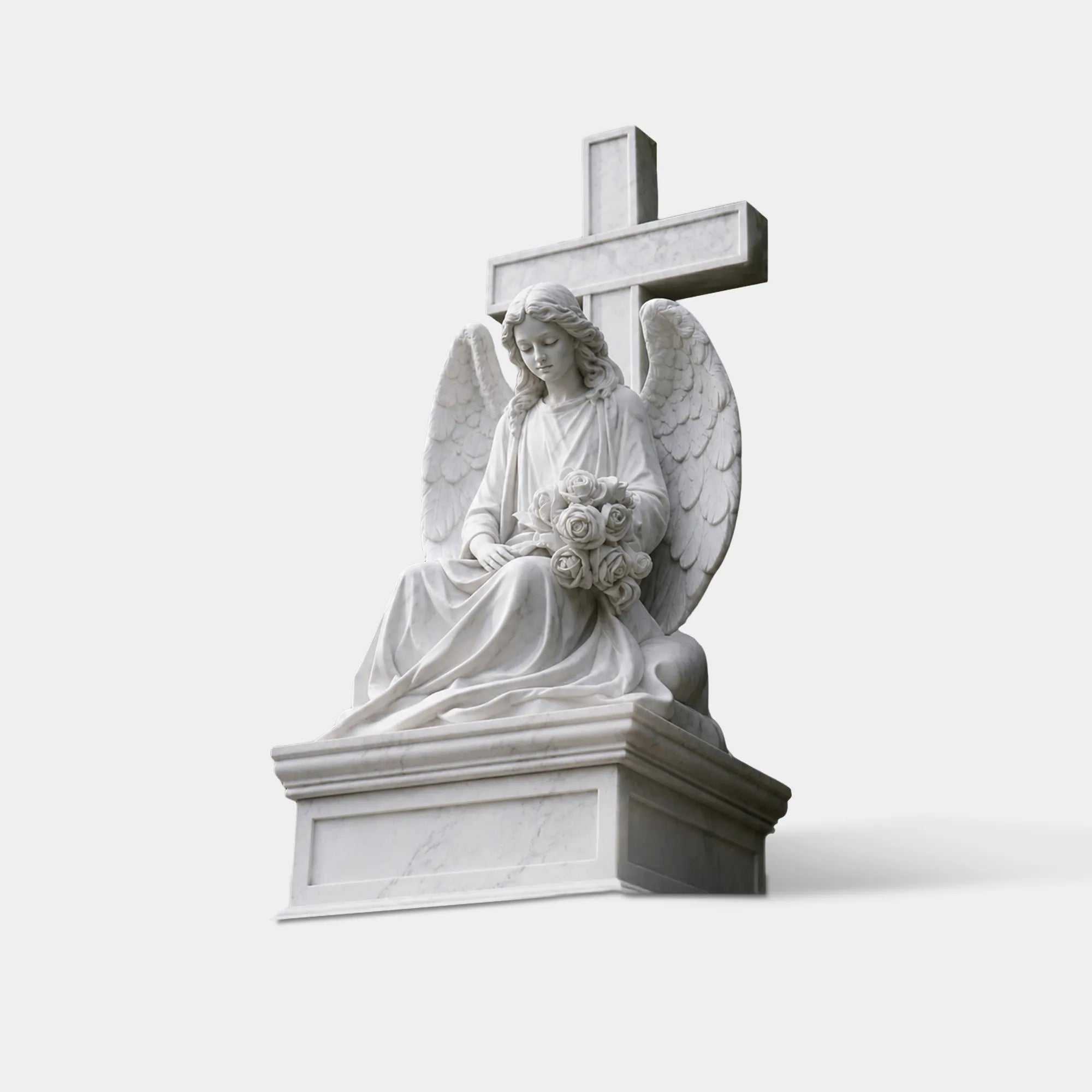 White marble angel statue sitting on a square marble base with a cross behind and flowers in hands. 