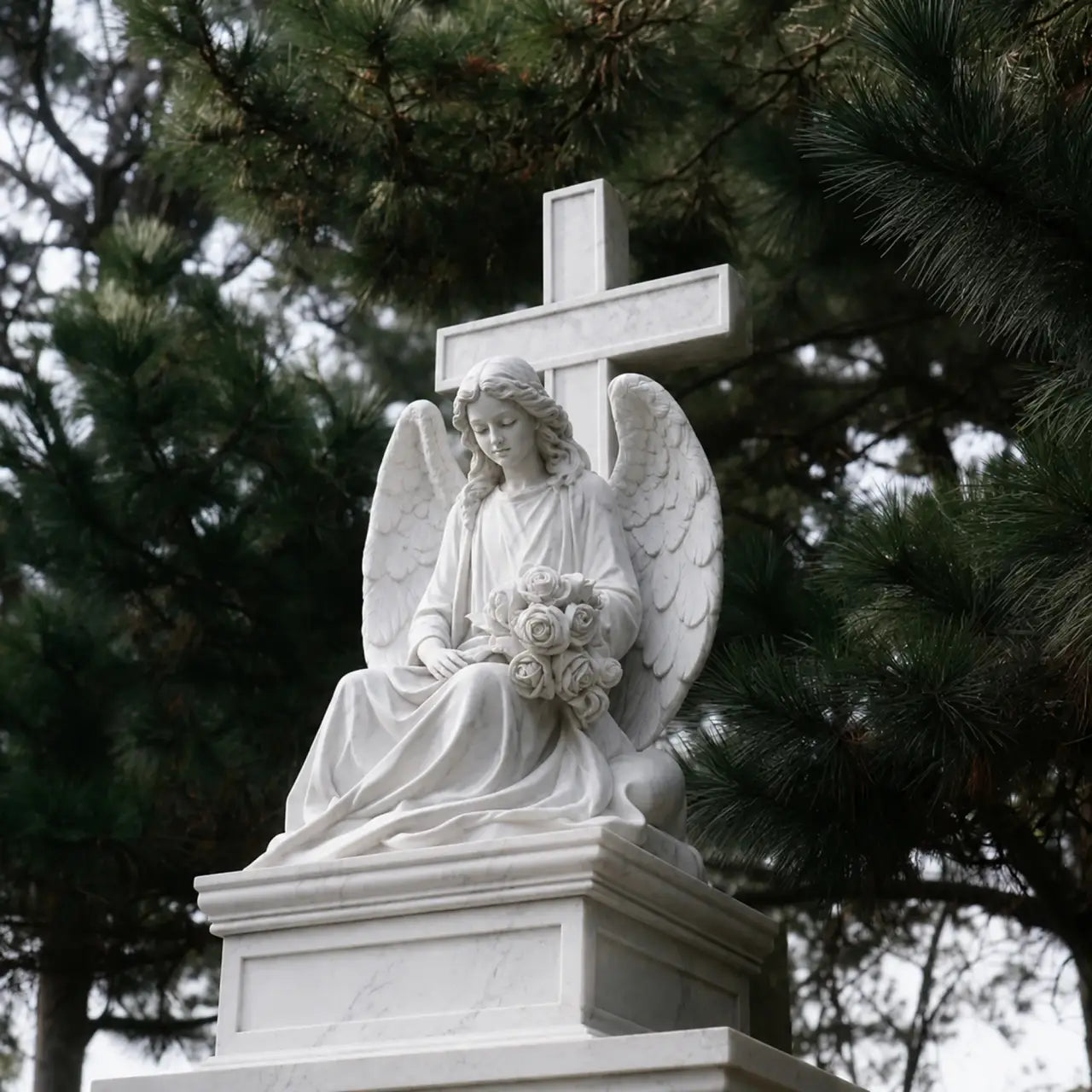 White marble angel statue sitting on a square marble base with a cross behind and flowers in hands. 