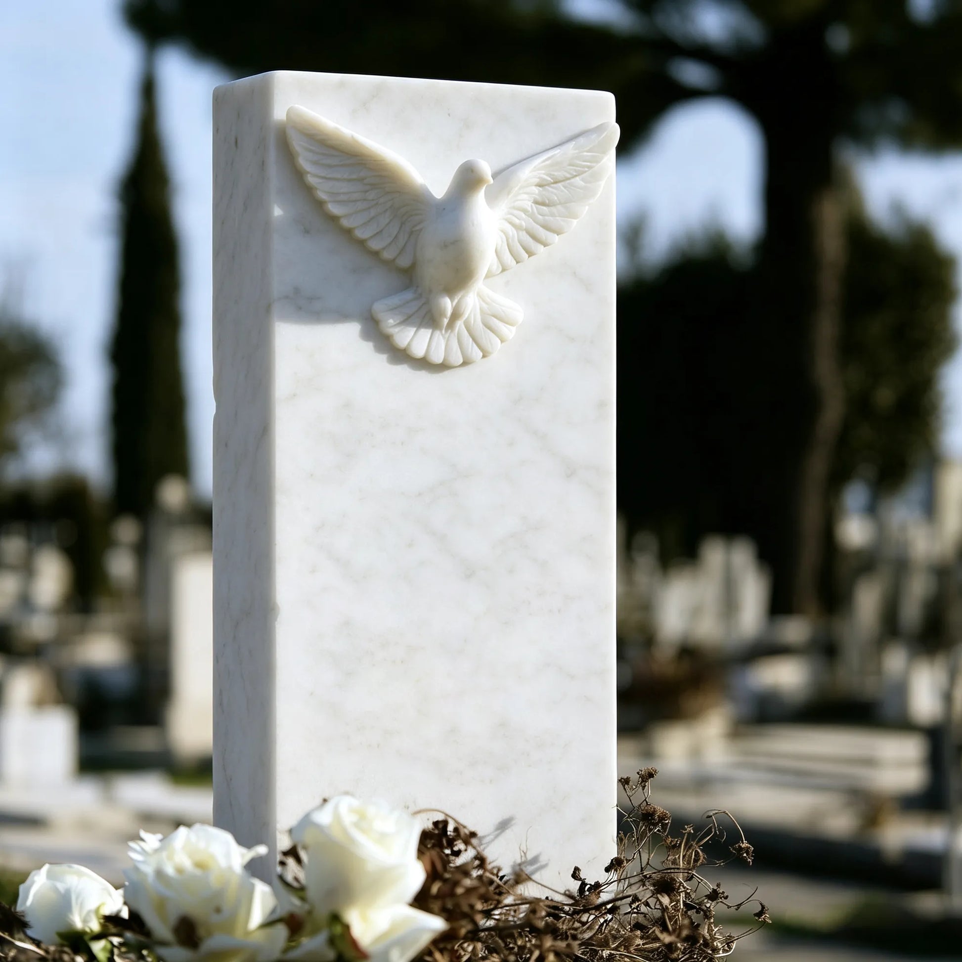 Natural white marble dove memorial sculpture with square headstone and carved dove design.