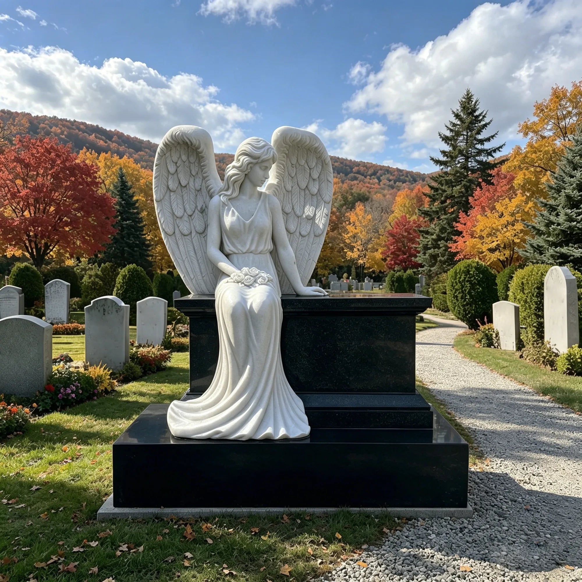 Marble angel statue seats on a black tombstone in a cemetery surrounded by foliage.