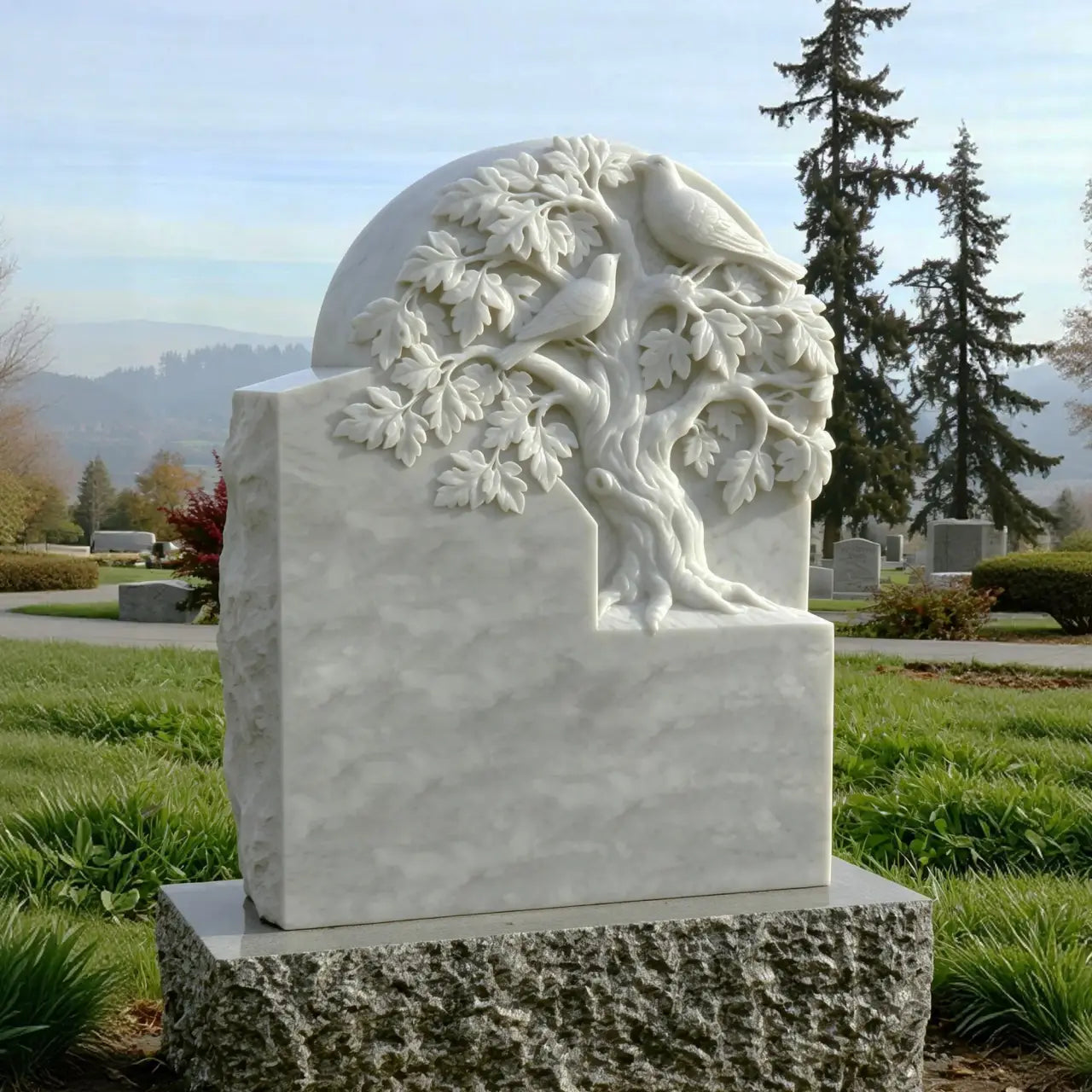 White marble headstone carved with tree and two dove sits on a green cemetery lawns.