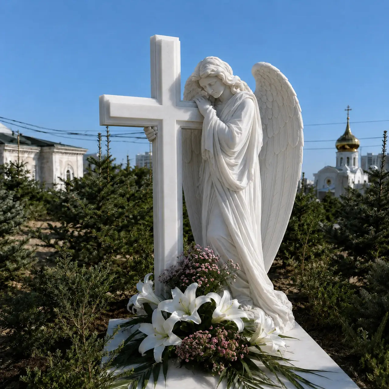 DVS Marble Angel and Cross Headstone for catholic cemetery, memorial garden or burial lawn DM125