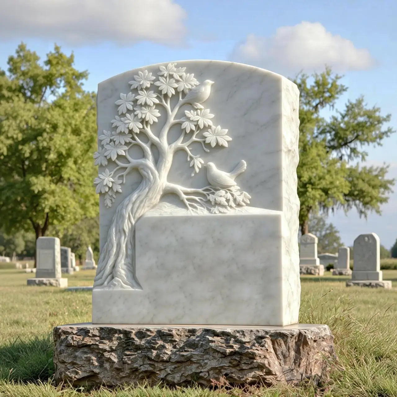 Curved white marble tombstone carved tree and two birds on a grassy cemetery.