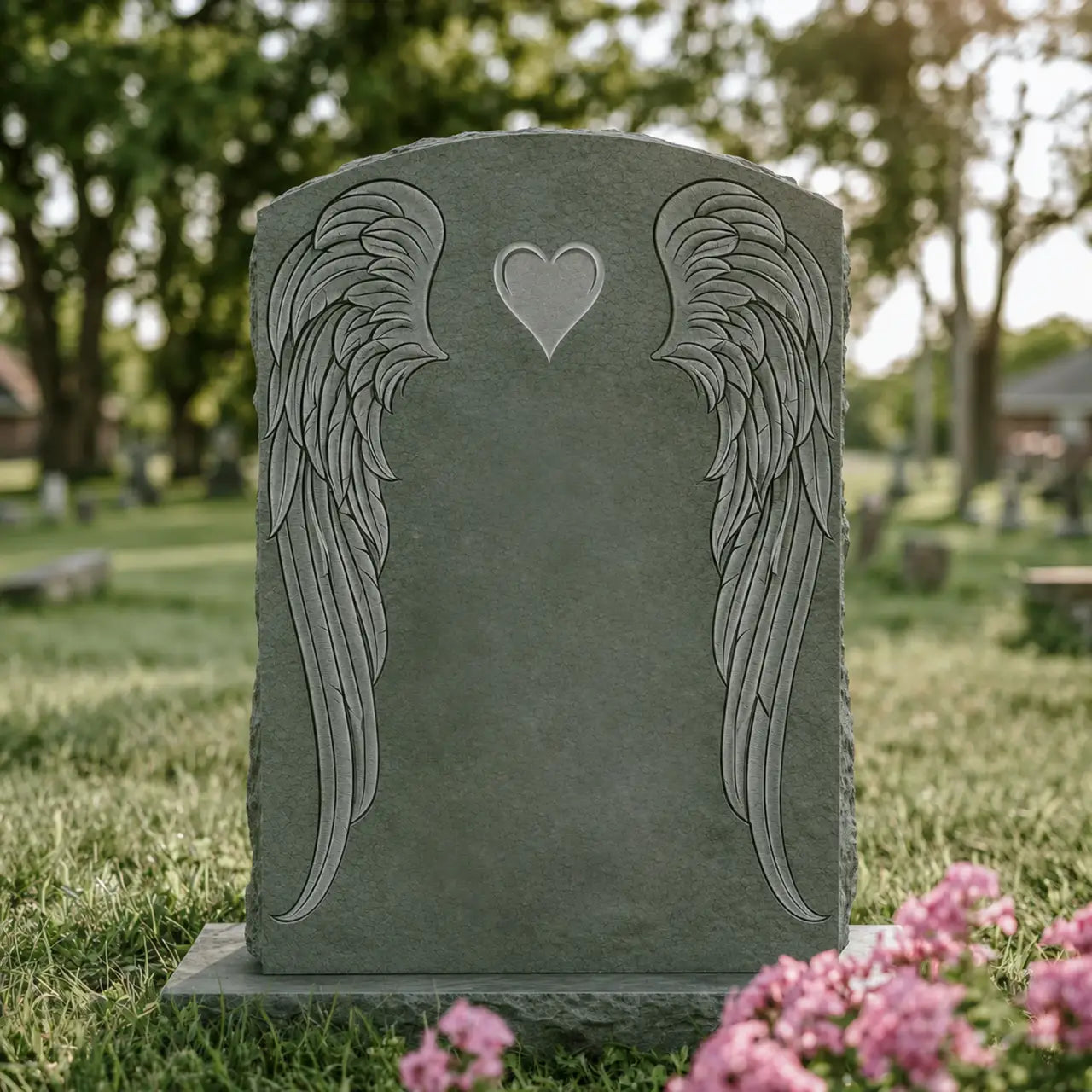 Dark marble headstone carved with two angel wings and a heart sits on green cemetery grass surrounded.