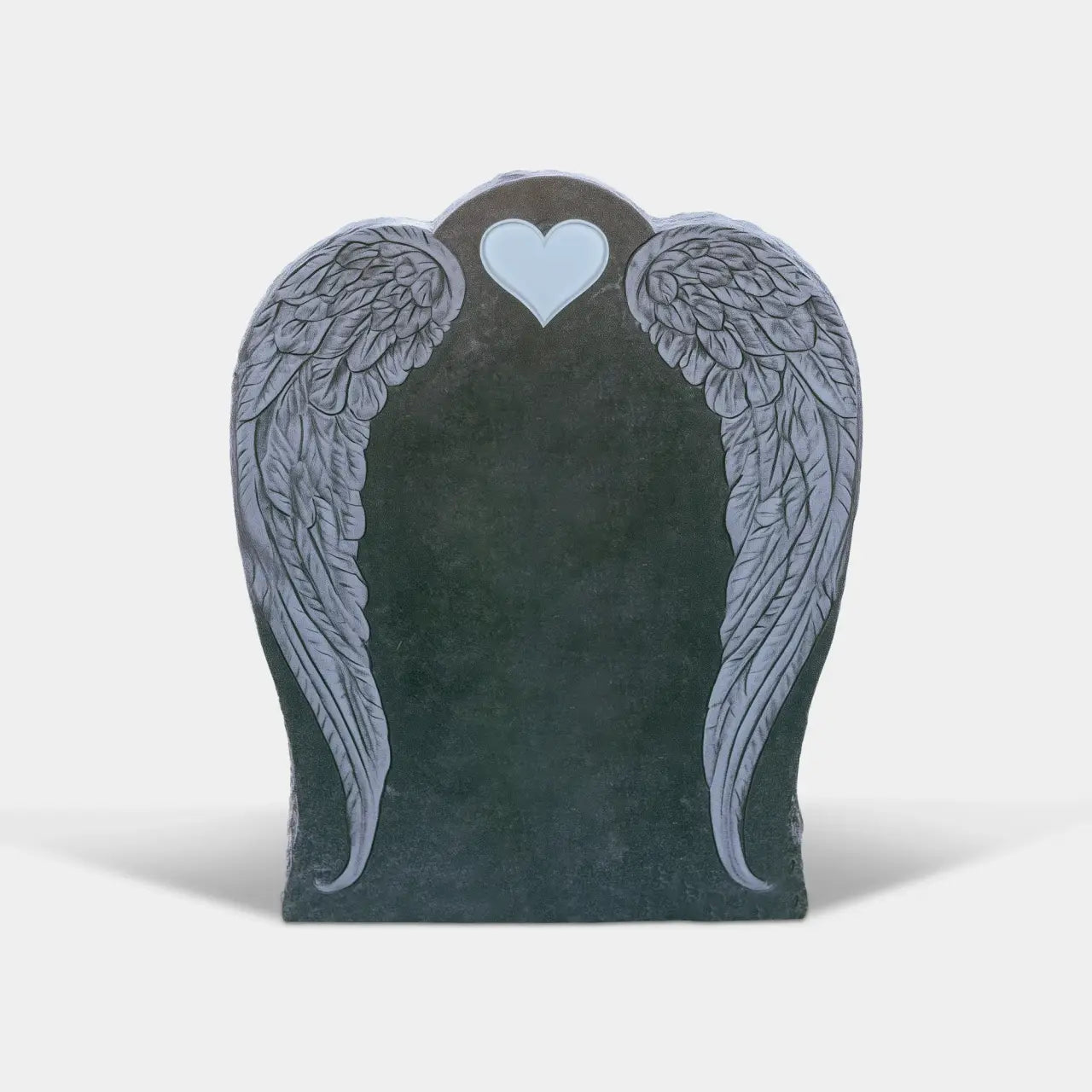 Black marble angel wing memorial headstone with a heart-shaped inset for cemetery memorial garden.