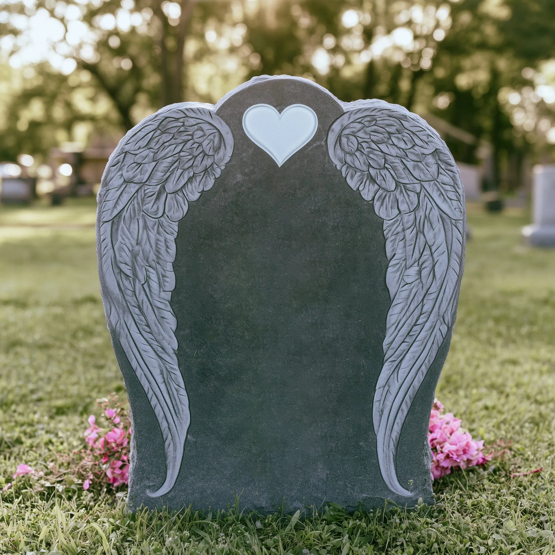 Black marble angel wing memorial headstone with a heart-shaped inset for cemetery memorial garden.