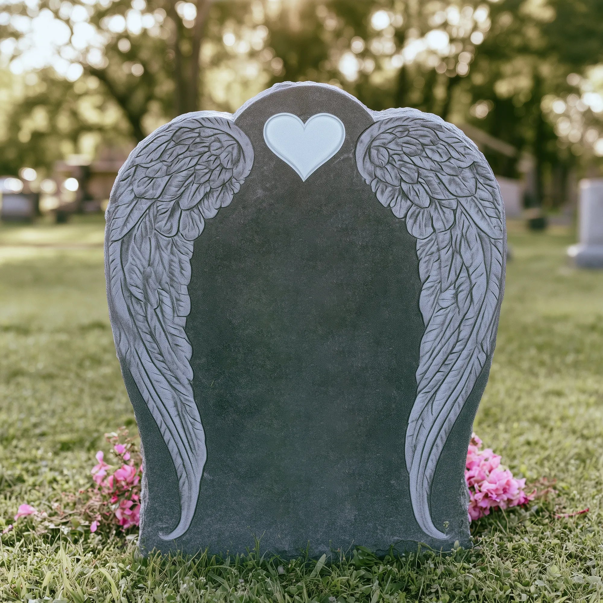 Black marble angel wing memorial headstone with a heart-shaped inset for cemetery memorial garden.