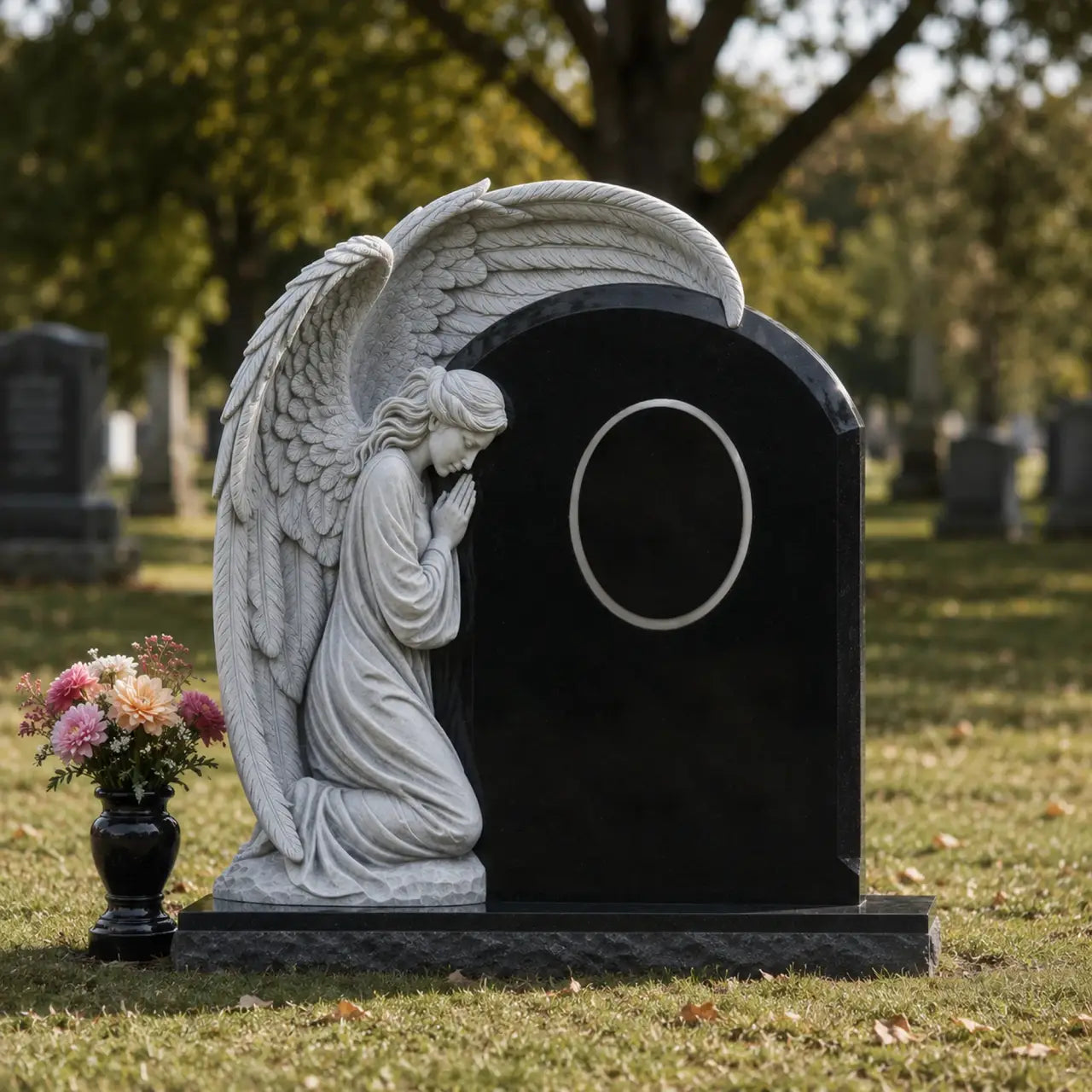 White praying angel marble statue attaches to black tombstone is placed on grassy cemetery lawn.