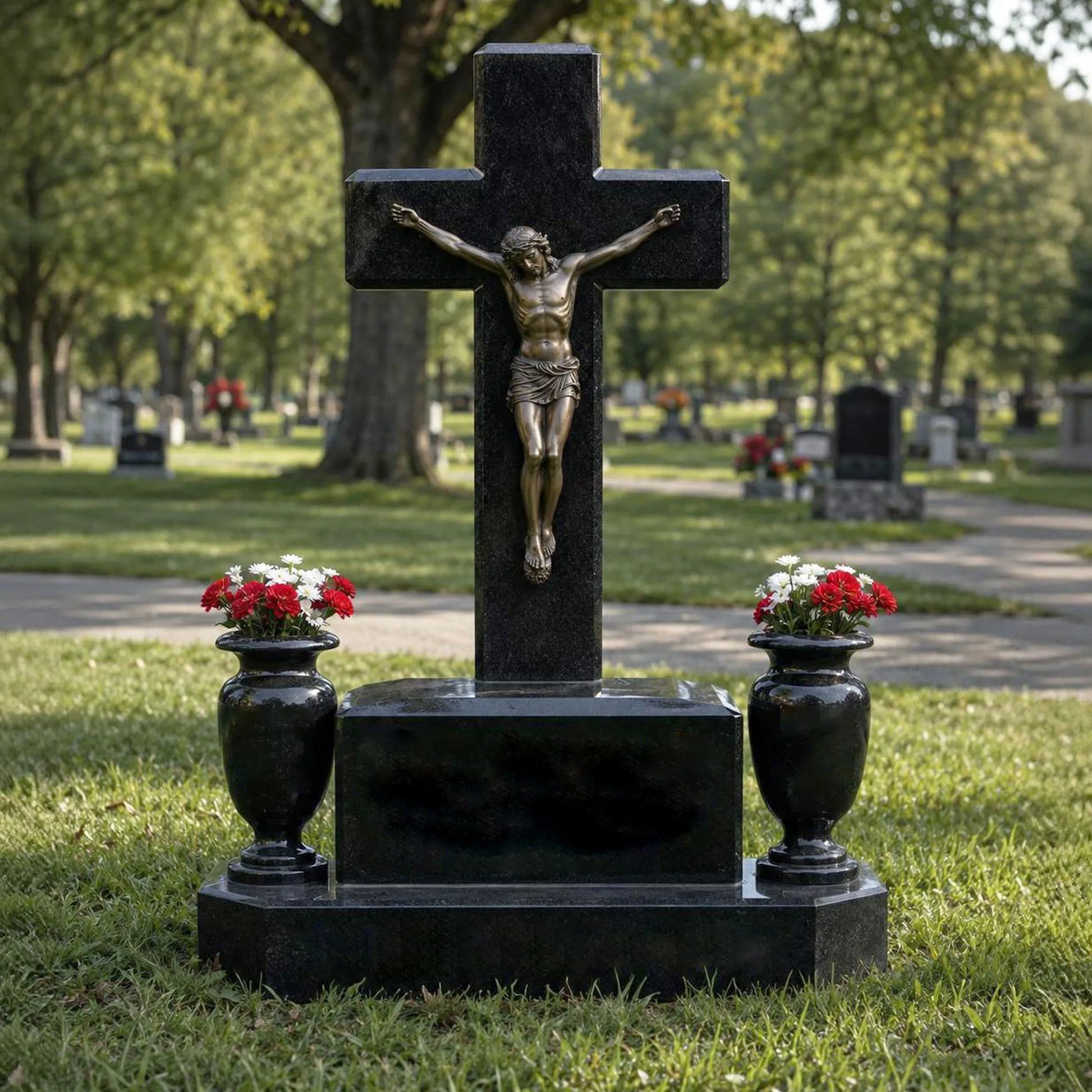 Black marble cross tombstone with bronze crucifix Jesus statue and two flower vases rests on green cemetery lawn.