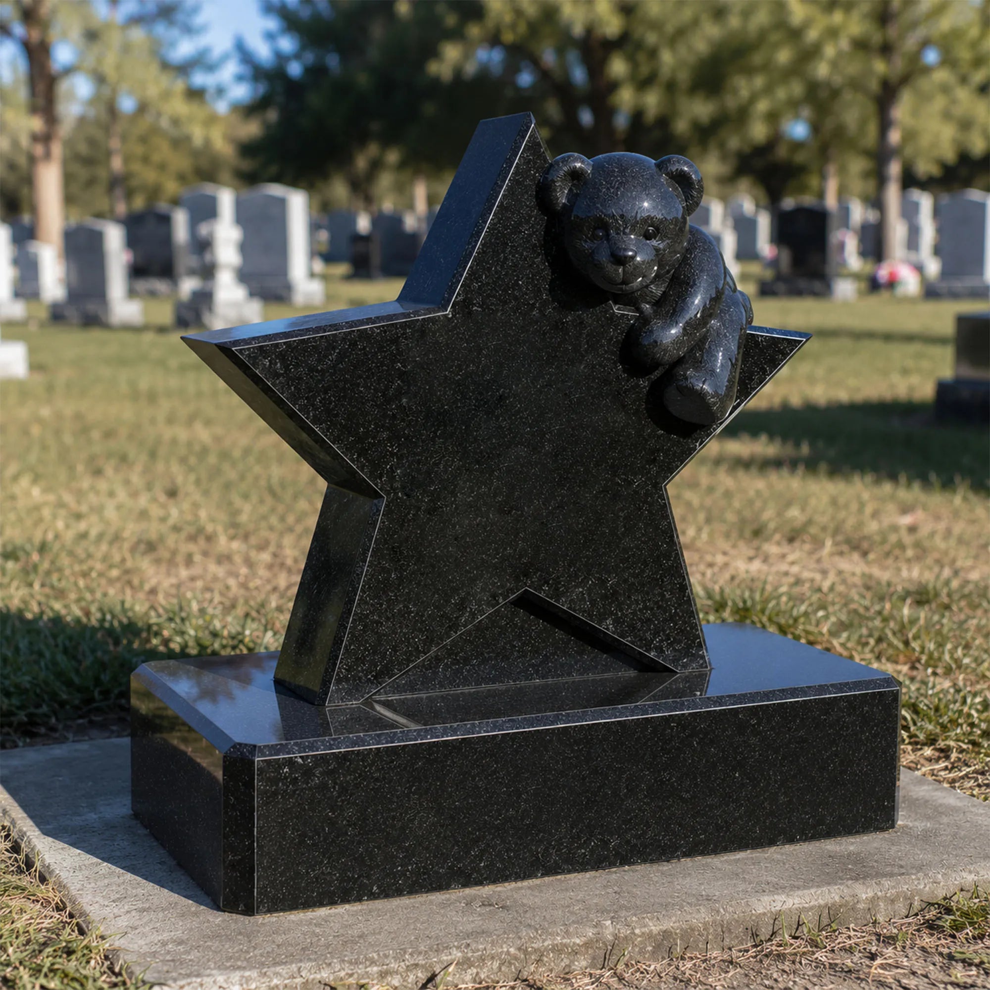 Black marble tombstone with star and teddy bear rests on matching stone base on grassy cemetery ground.