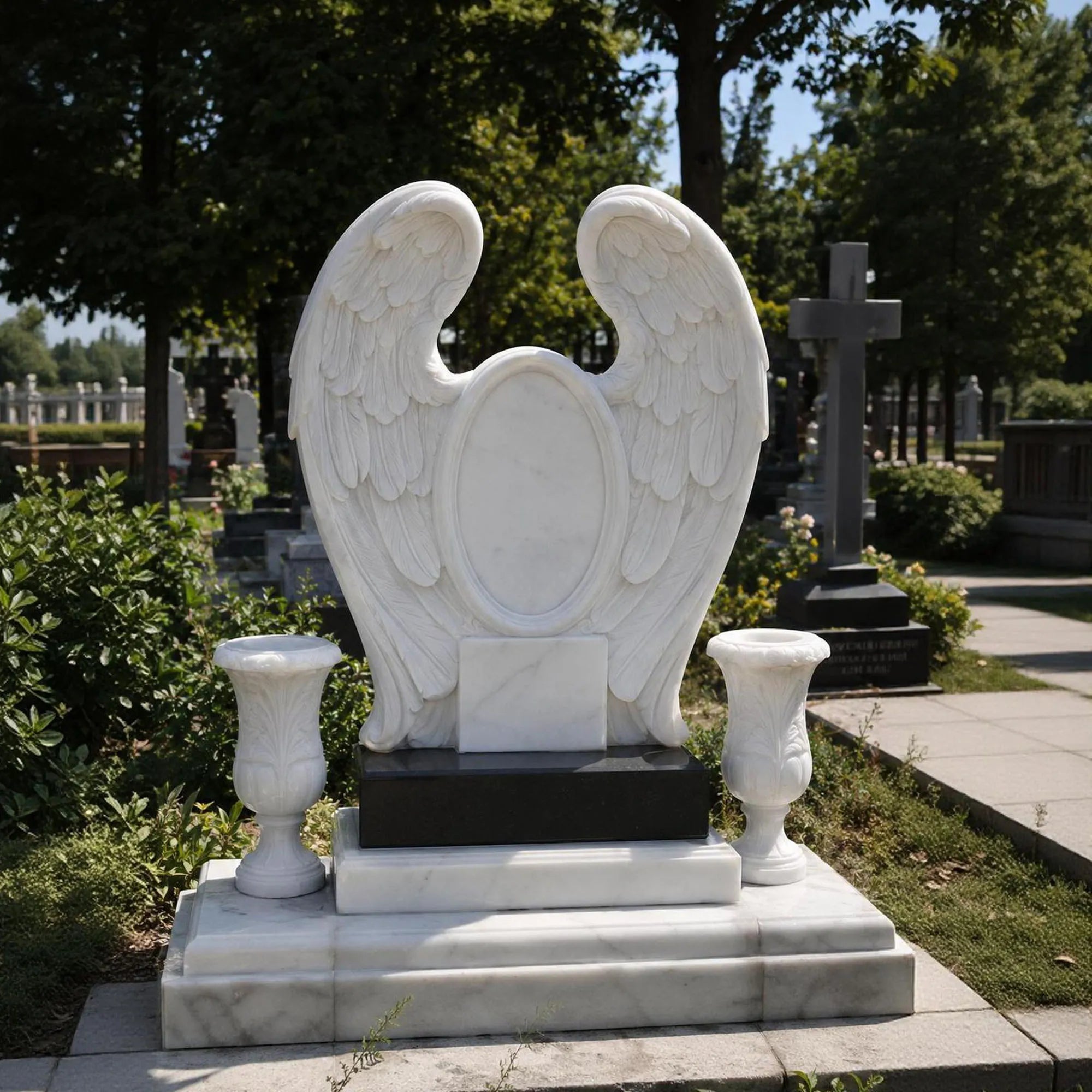 Marble wings headstone with two marble vases sits on layered stone plinth on cemetery pavement.