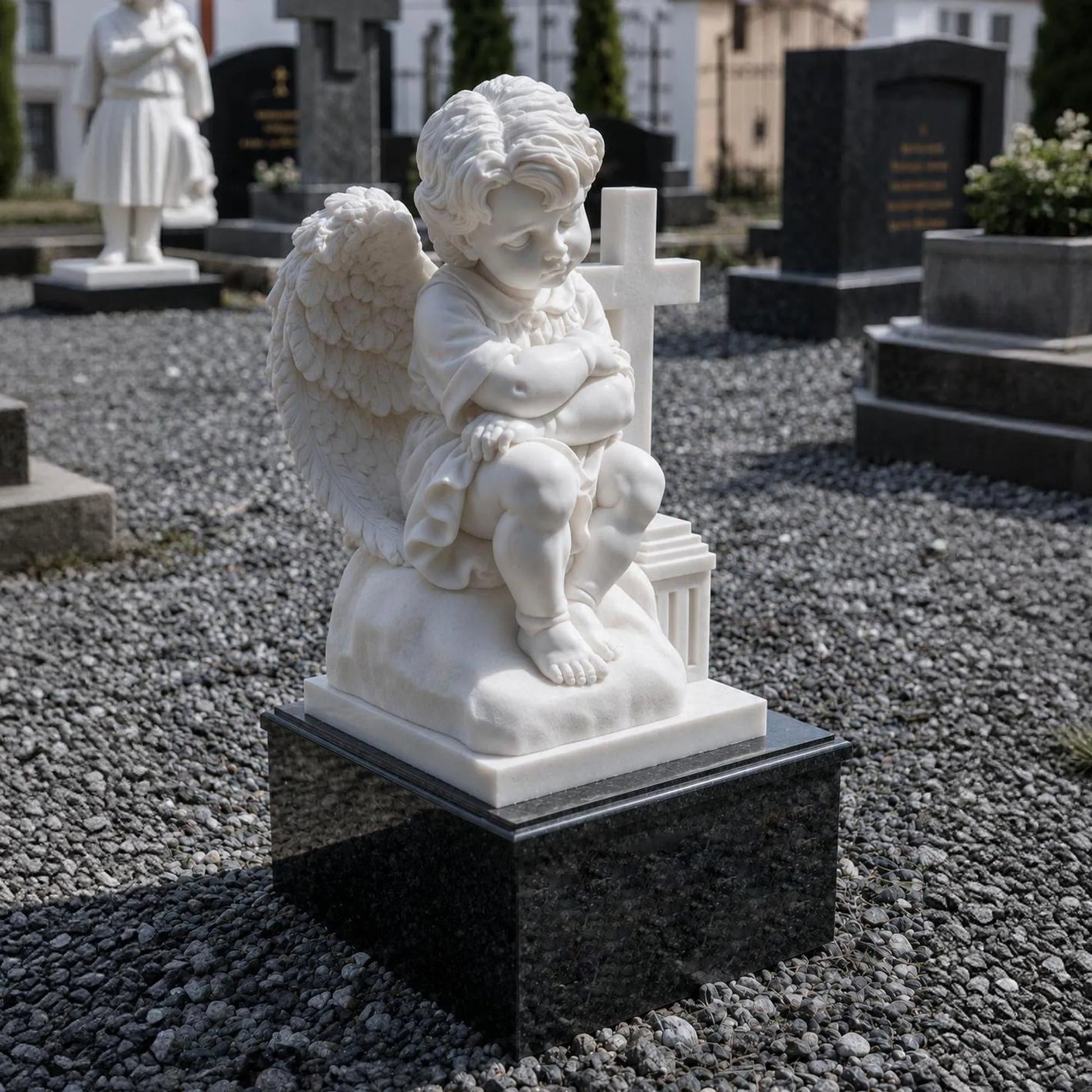 White marble angel child statue sitting beside a cross on a carved stone base for cemetery memorial and family grave.
