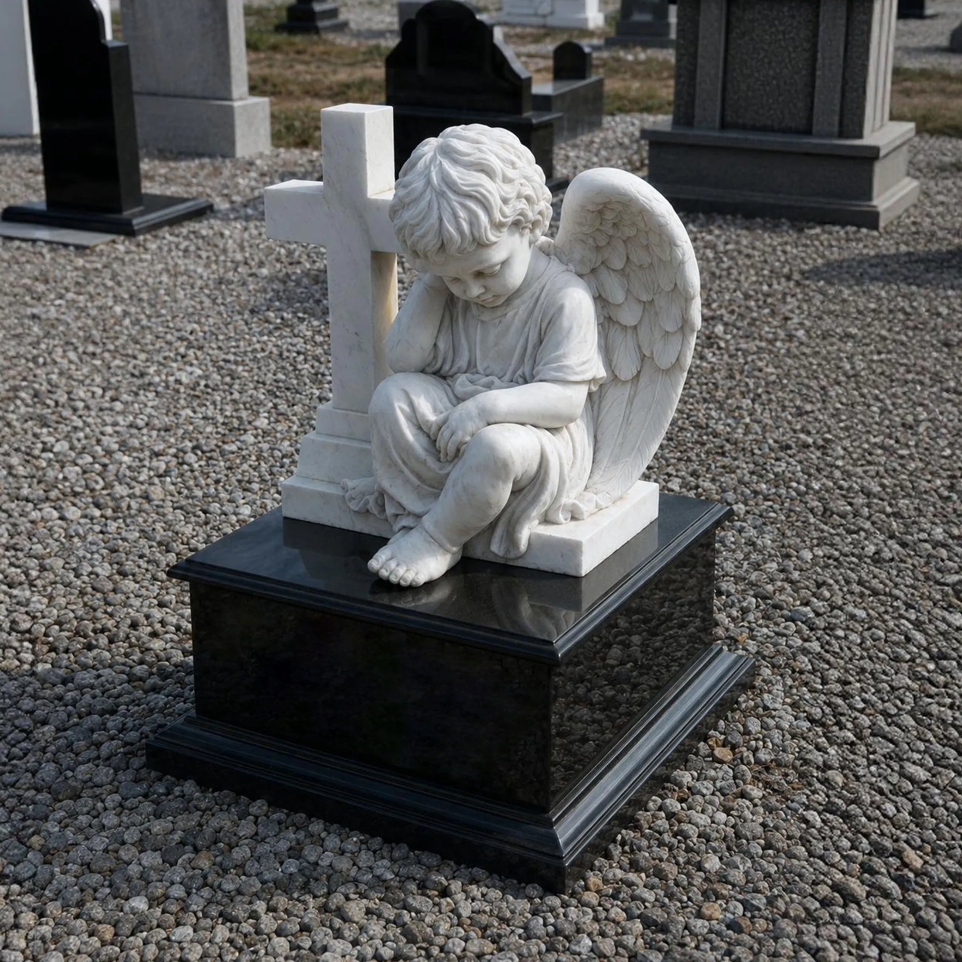White marble seated child angel sculpture leaning against a cross on a black granite base for cemetery grave and church memorial garden