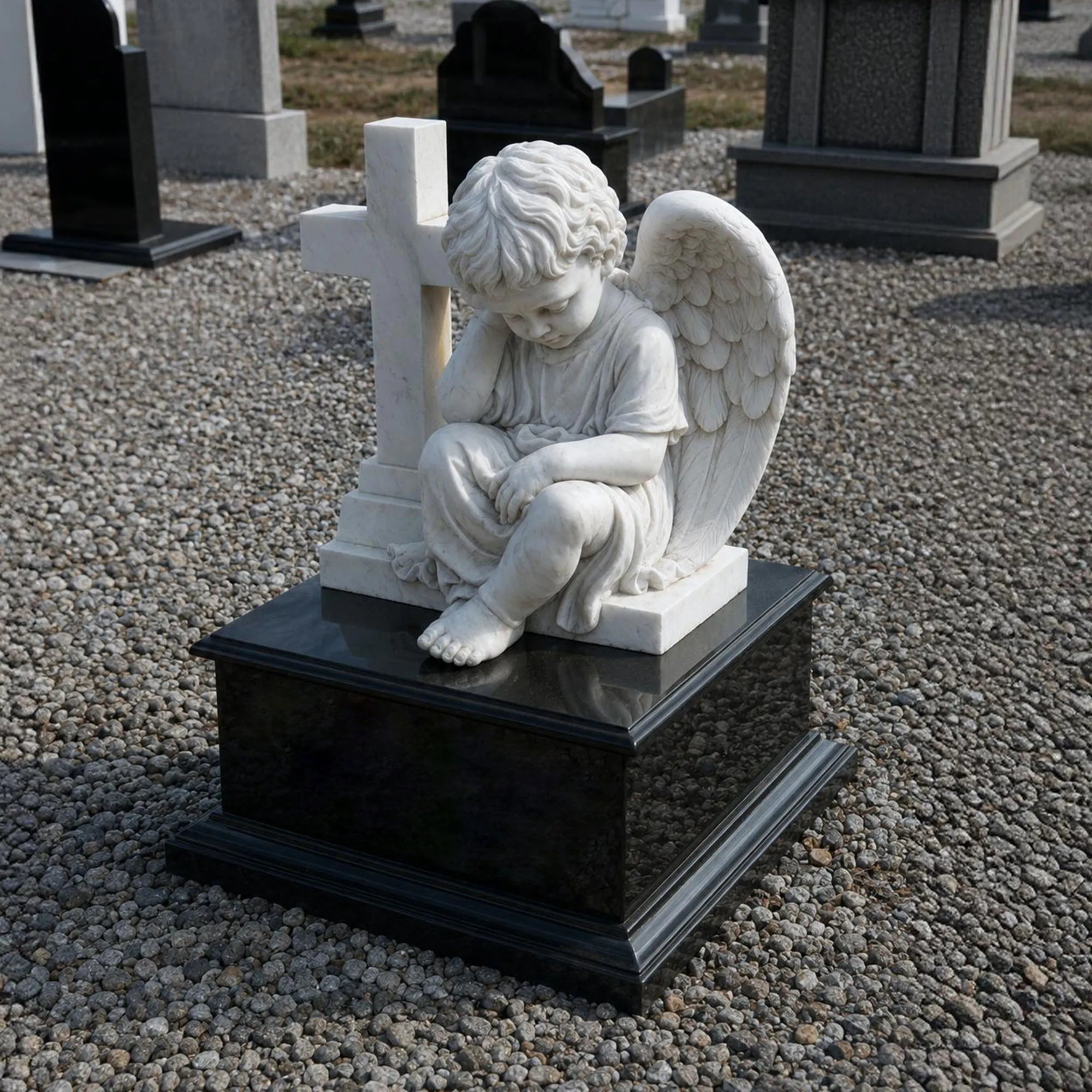 White marble seated child angel sculpture leaning against a cross on a black granite base for cemetery grave and church memorial garden
