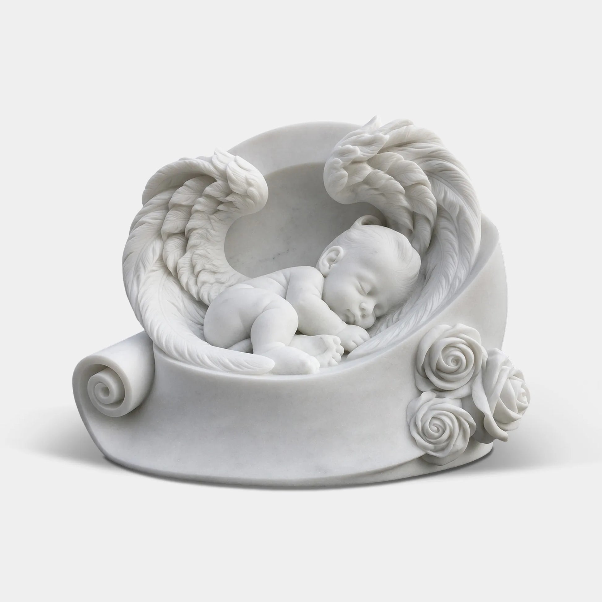White marble sleeping baby angel statue with protective wings and carved roses for infant memorial and cemetery headstone.