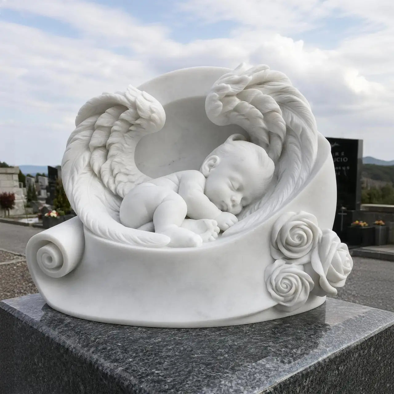 White marble sleeping baby angel statue with protective wings and carved roses for infant memorial and cemetery headstone.