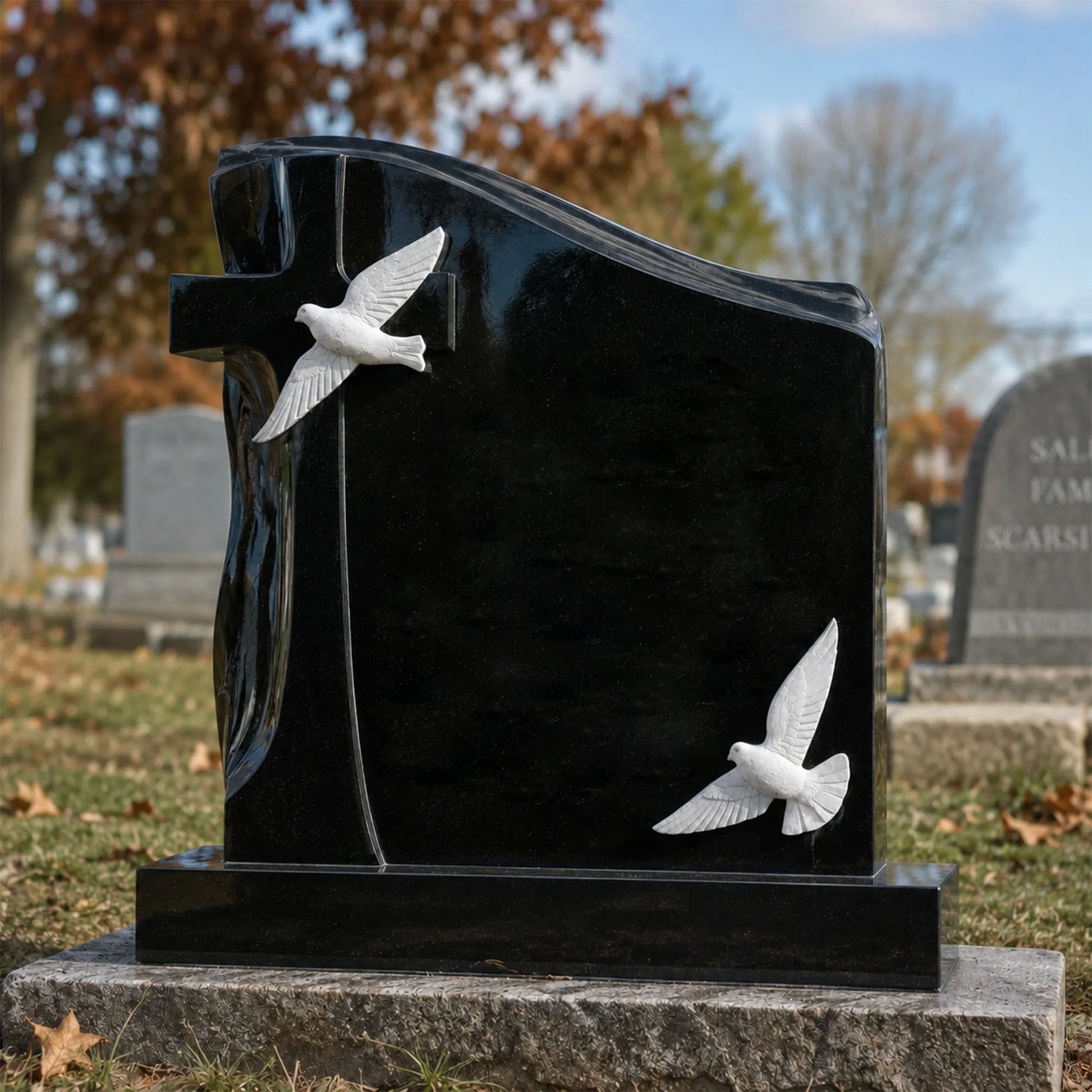 Black marble memorial headstone with white carved doves and cross for cemetery headstone and family grave.