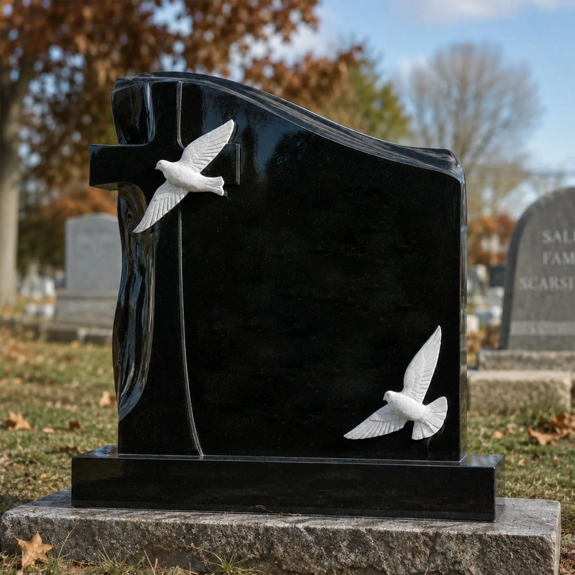 Black marble memorial headstone with white carved doves and cross for cemetery headstone and family grave.