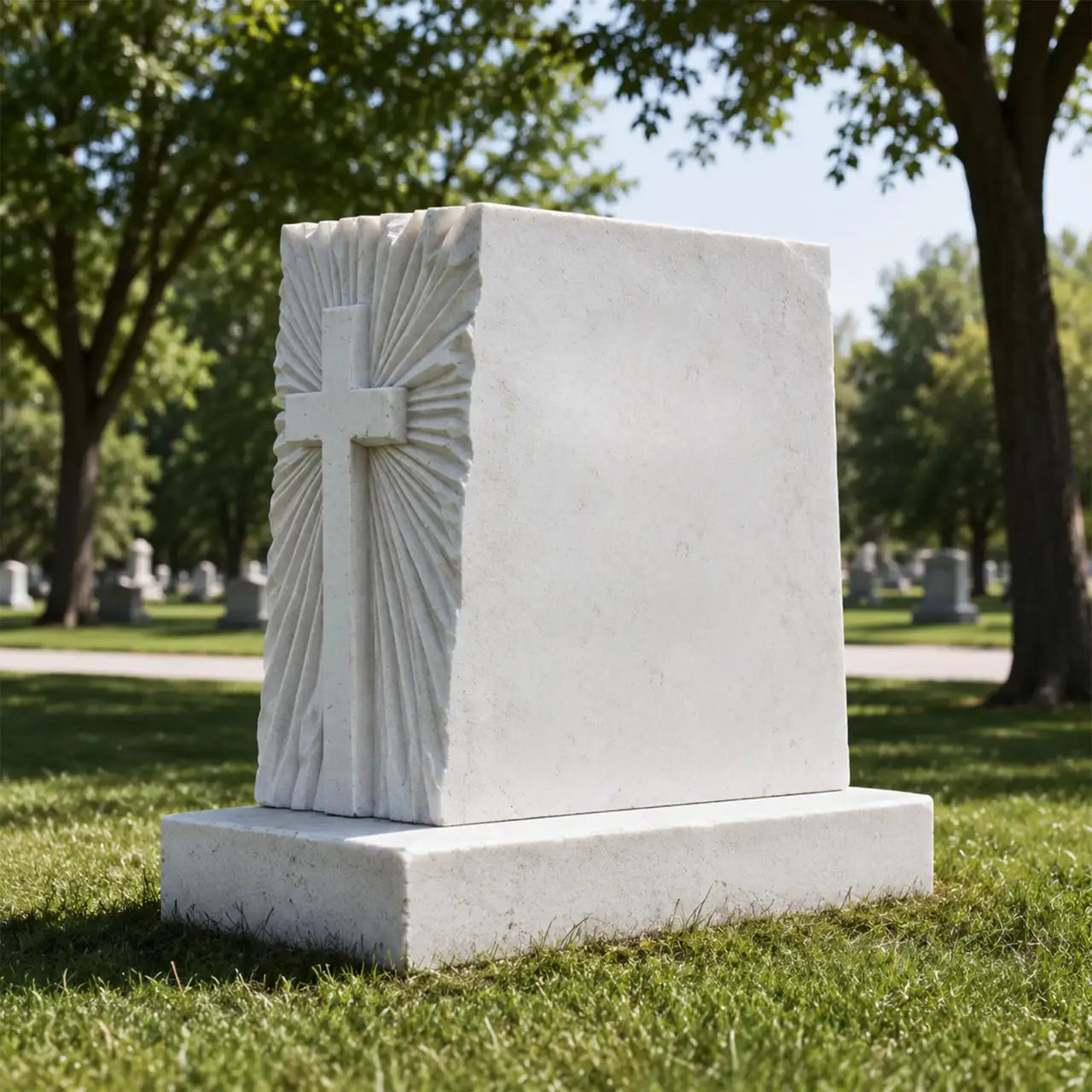 White marble memorial headstone with a hand-carved cross and radiating pattern for cemetery headstone and family grave.
