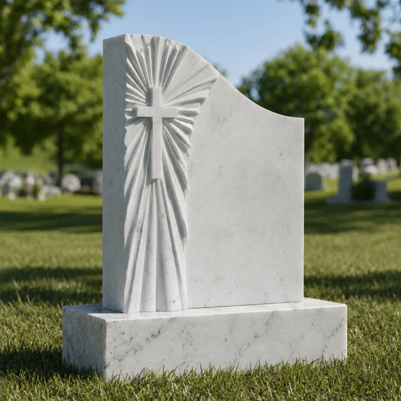 White marble Christian headstone with a carved cross and radiating sunburst on a rectangular base in a cemetery lawn.