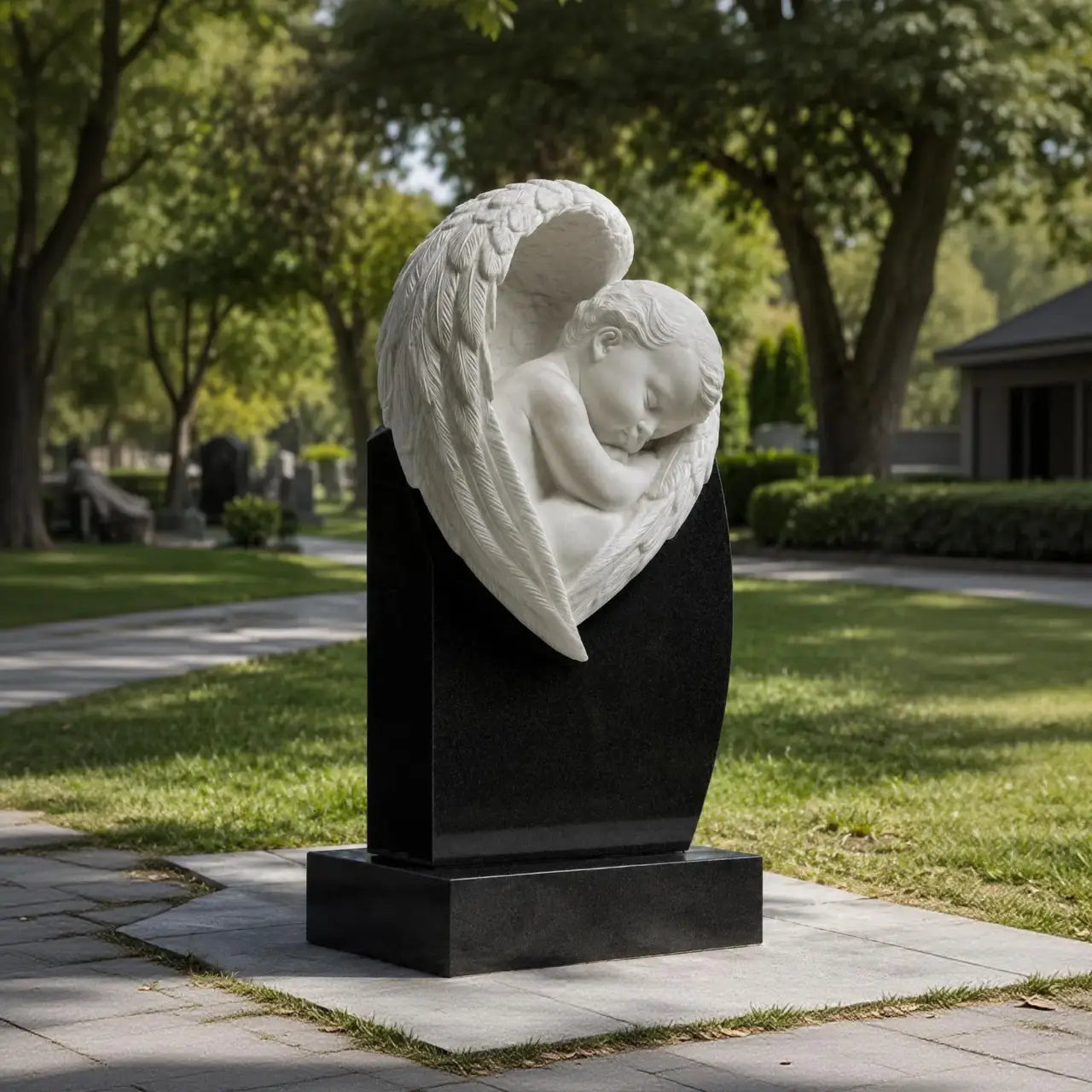 White marble sleeping child angel sculpture with one large wing mounted on a polished black marble headstone in a cemetery walkway.