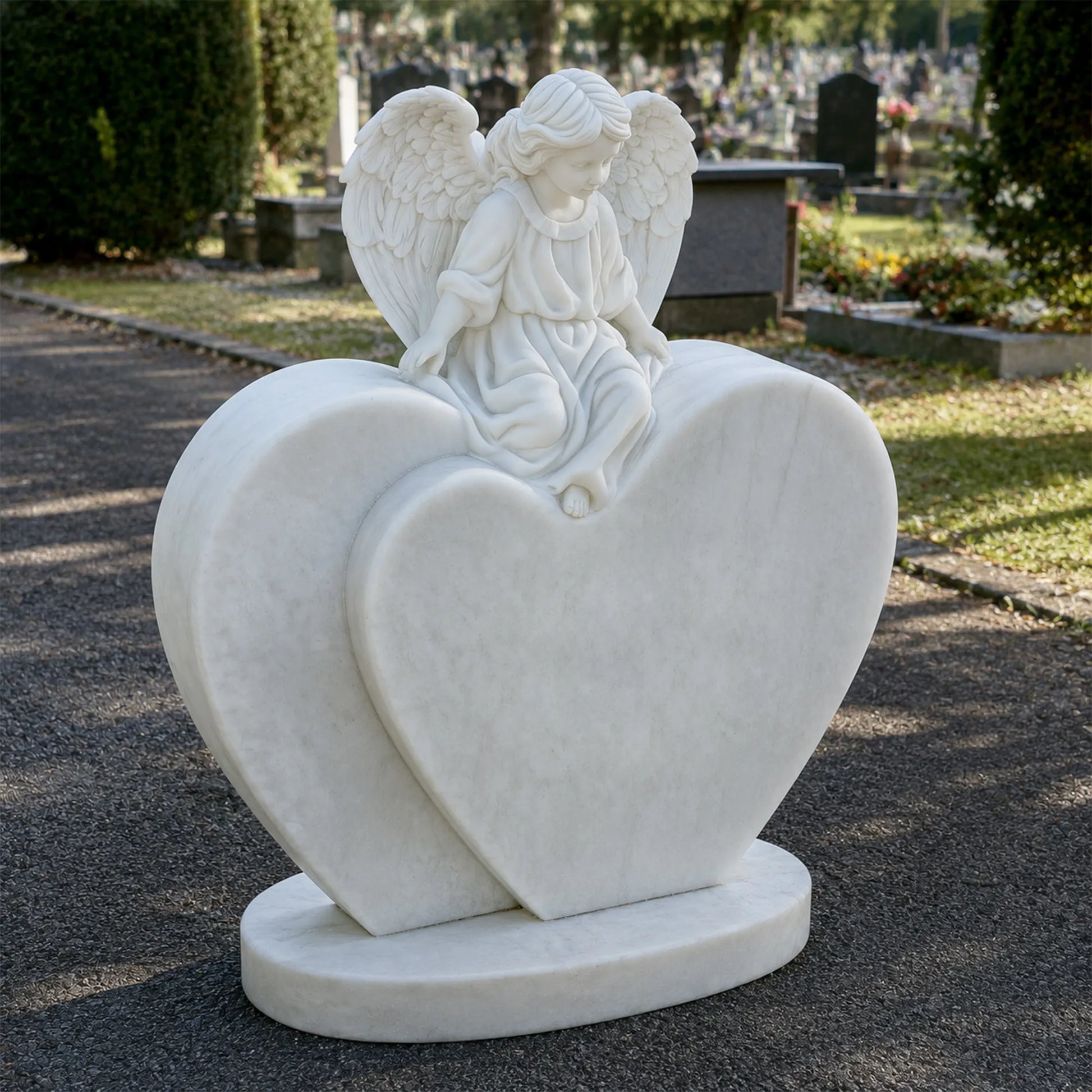 White marble angel statue seated on a layered heart-shaped memorial base in a cemetery walkway.