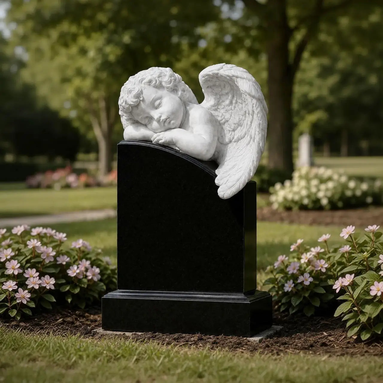 White marble sleeping angel statue on a black marble headstone in a cemetery garden.