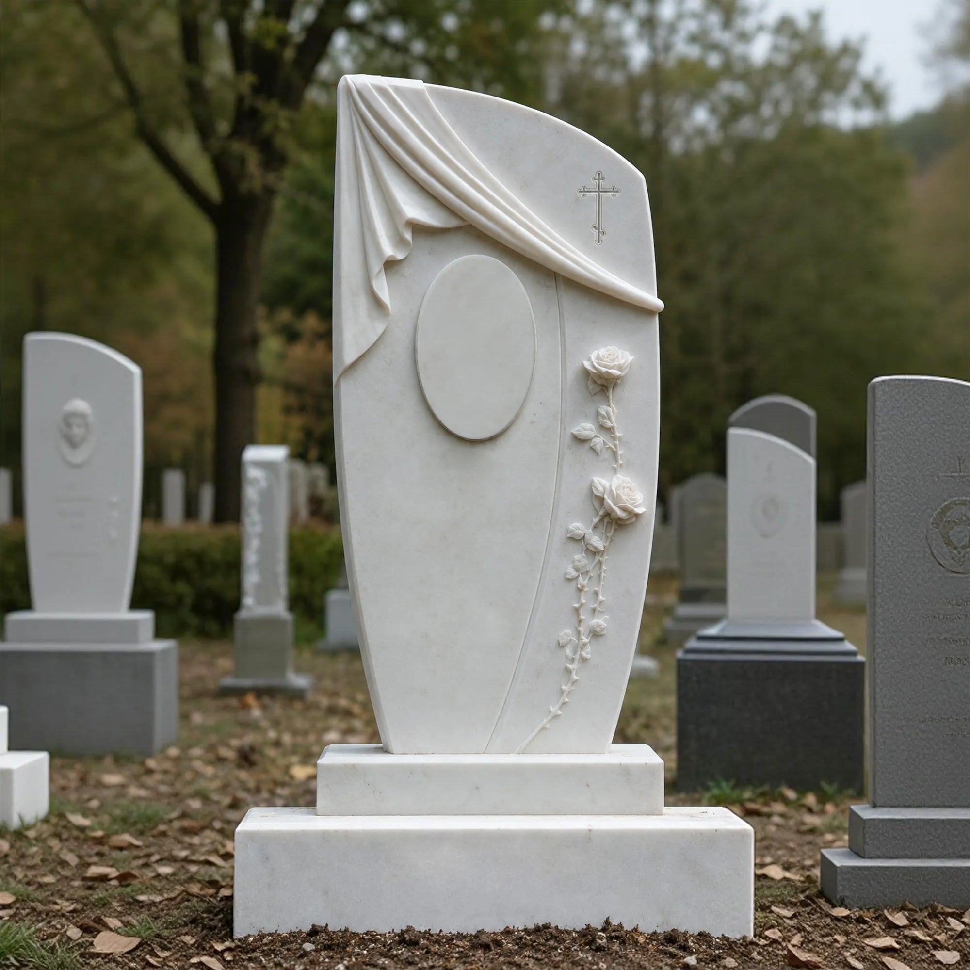 Curved white marble headstone carved with drape and roses sits on on mulched cemetery ground.