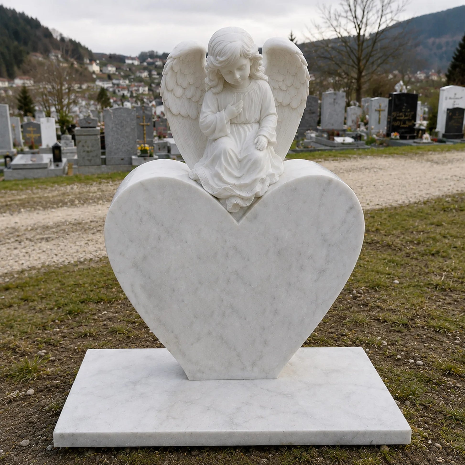 Heart shaped marble tombstone carved with angel stands on grassy cemetery ground.