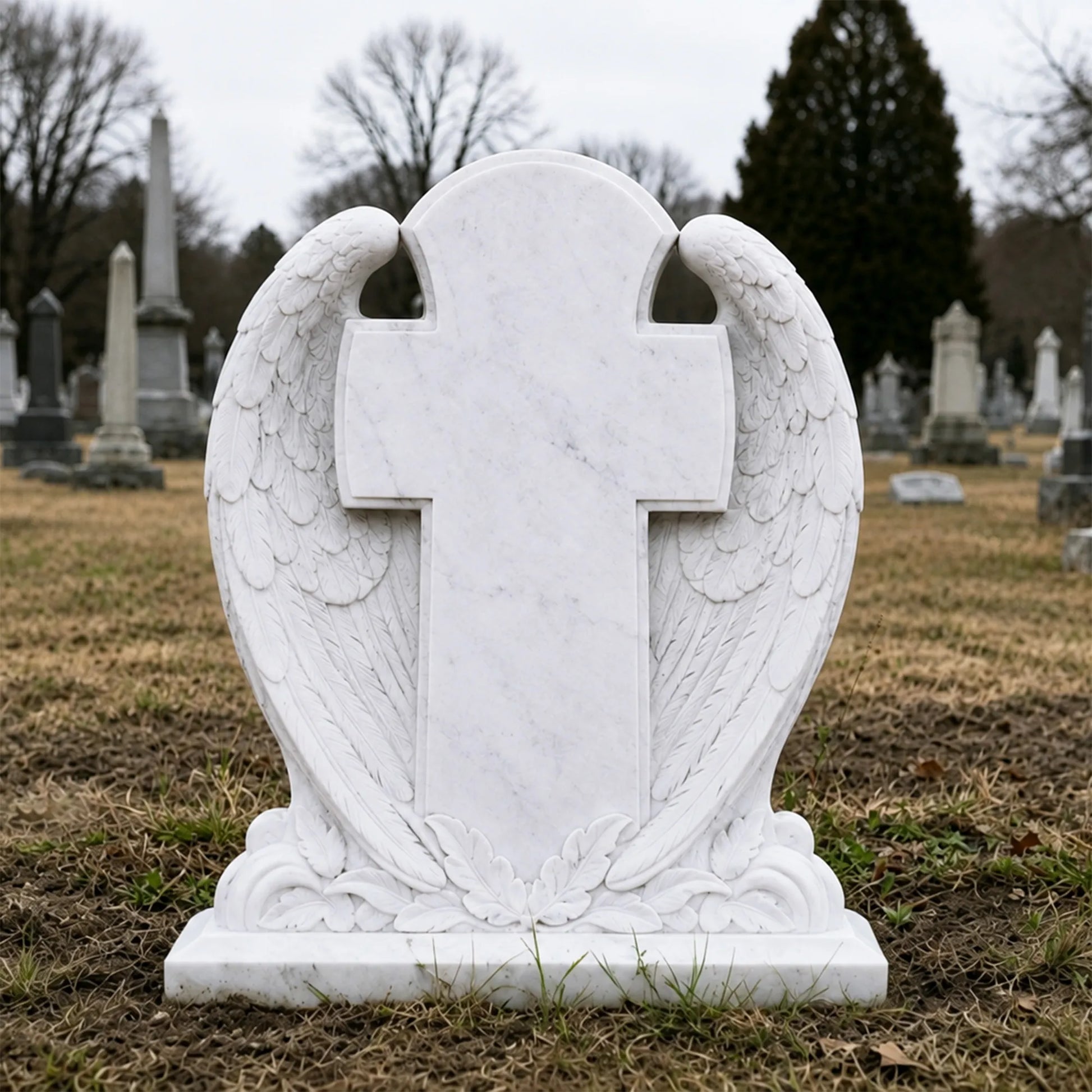 White marble headstone carved with wing wrapping a cross stands on the grass cemetery ground.