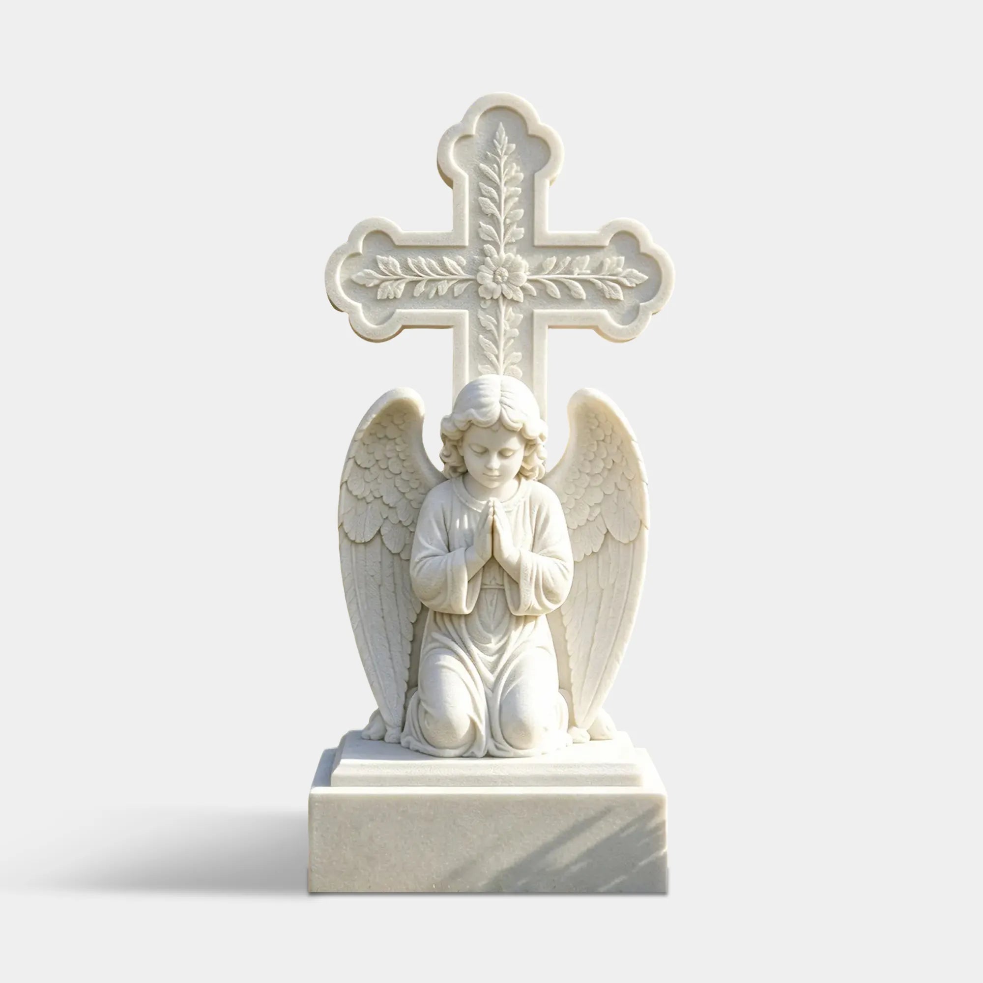 White marble tombstone with praying angel and cross stands on the leaf covered cemetery lawn.
