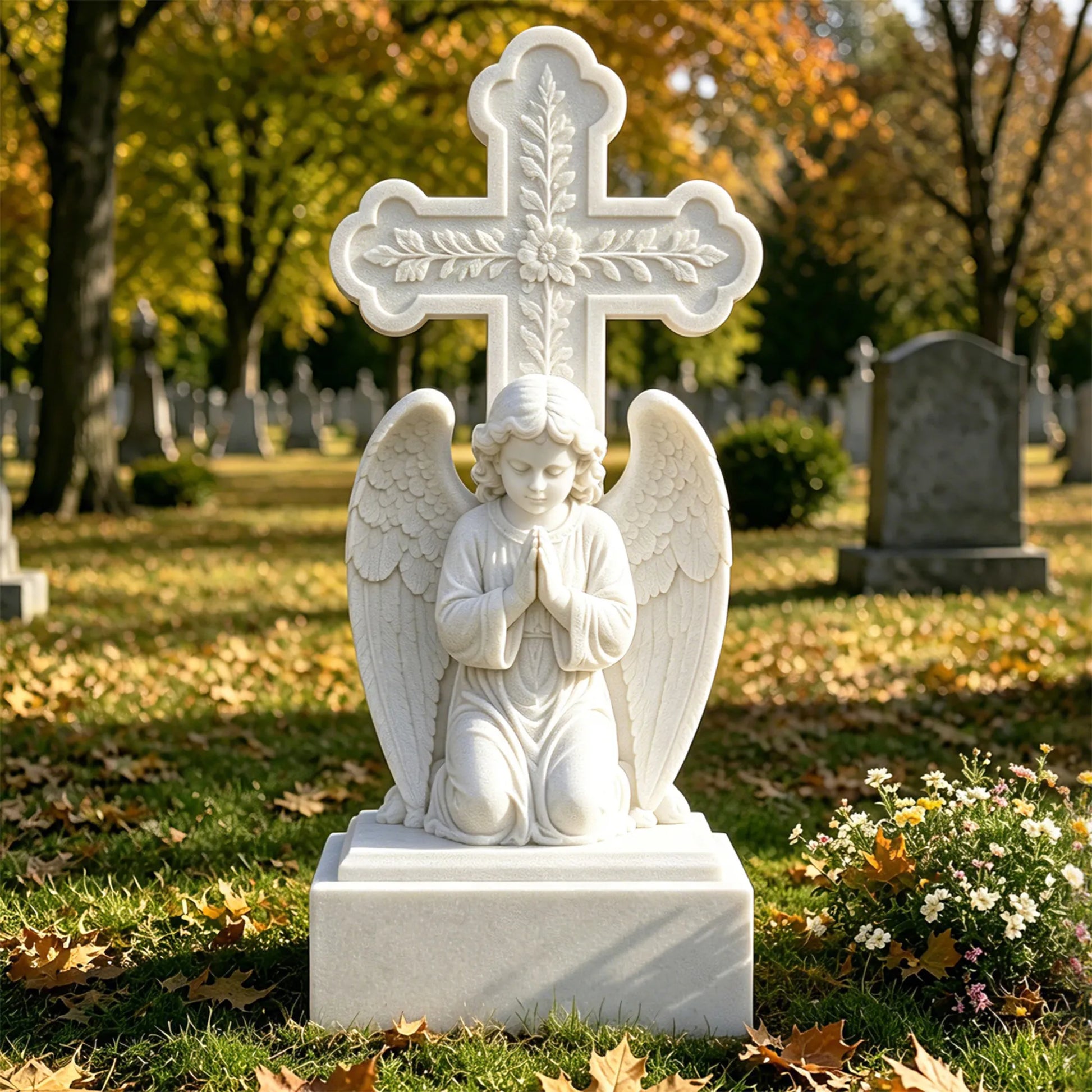 White marble tombstone with praying angel and cross stands on the leaf covered cemetery lawn.