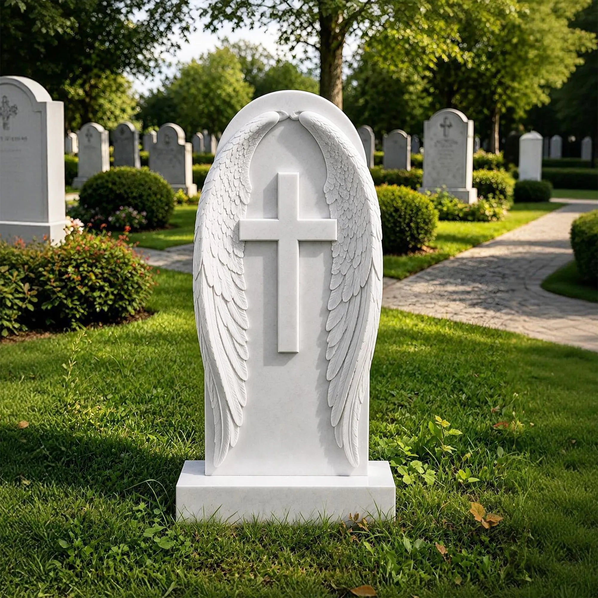 Oval white marble wing cross headstone stands on the green cemetery lawn.