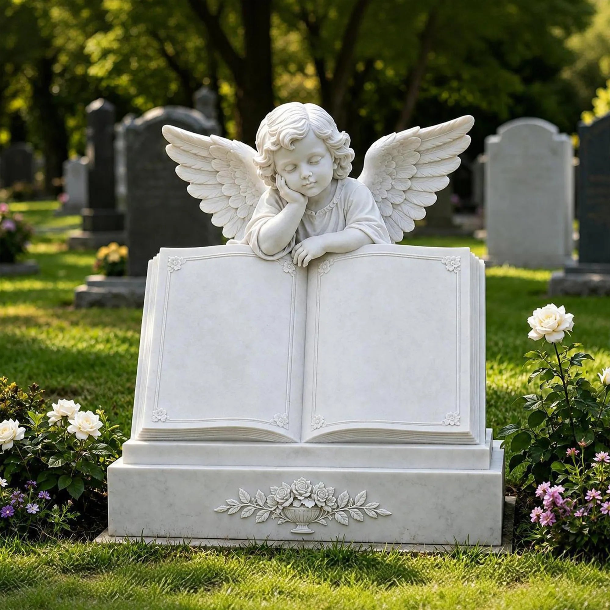 White marble angel memorial statue with angel resting over an open book in a cemetery.