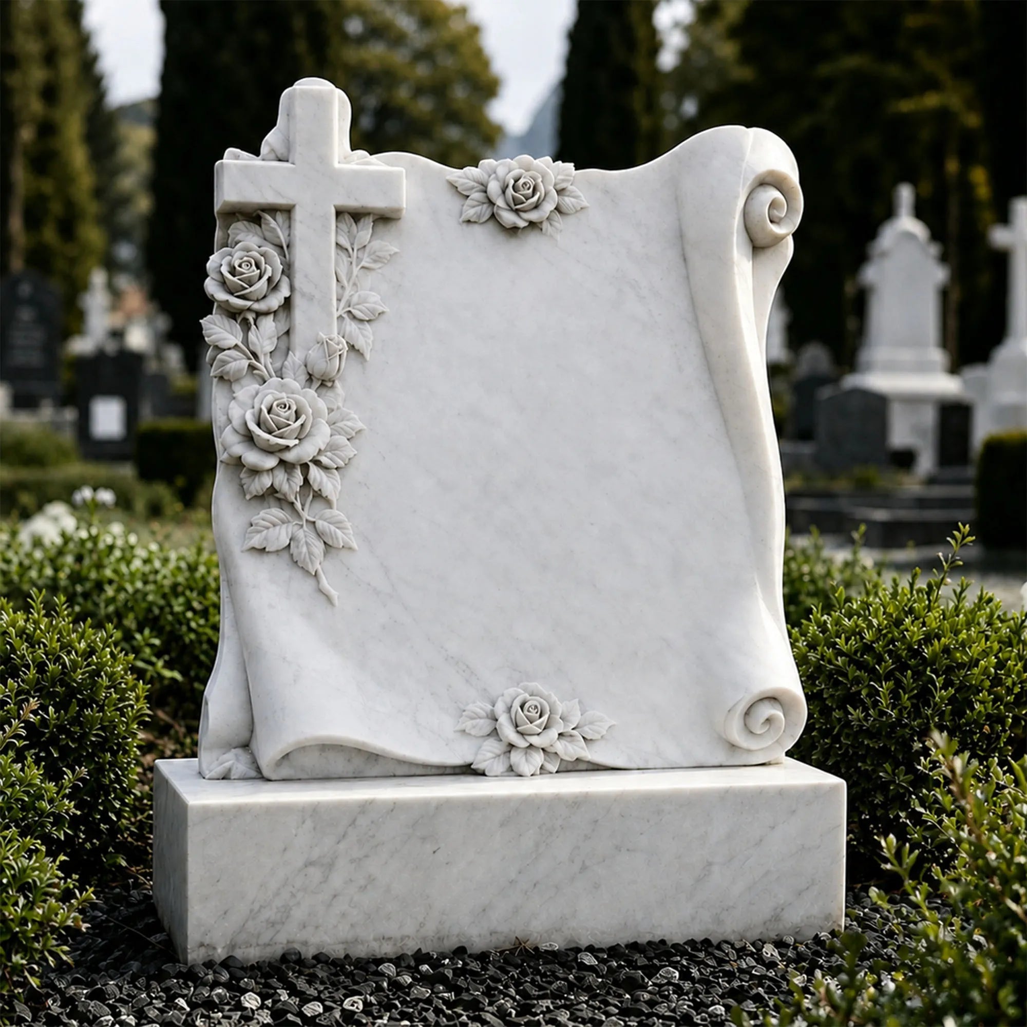 White marble Christian memorial headstone with a carved cross, roses, leafy vines, scroll corners, blank inscription panel, and rectangular base in a landscaped cemetery.