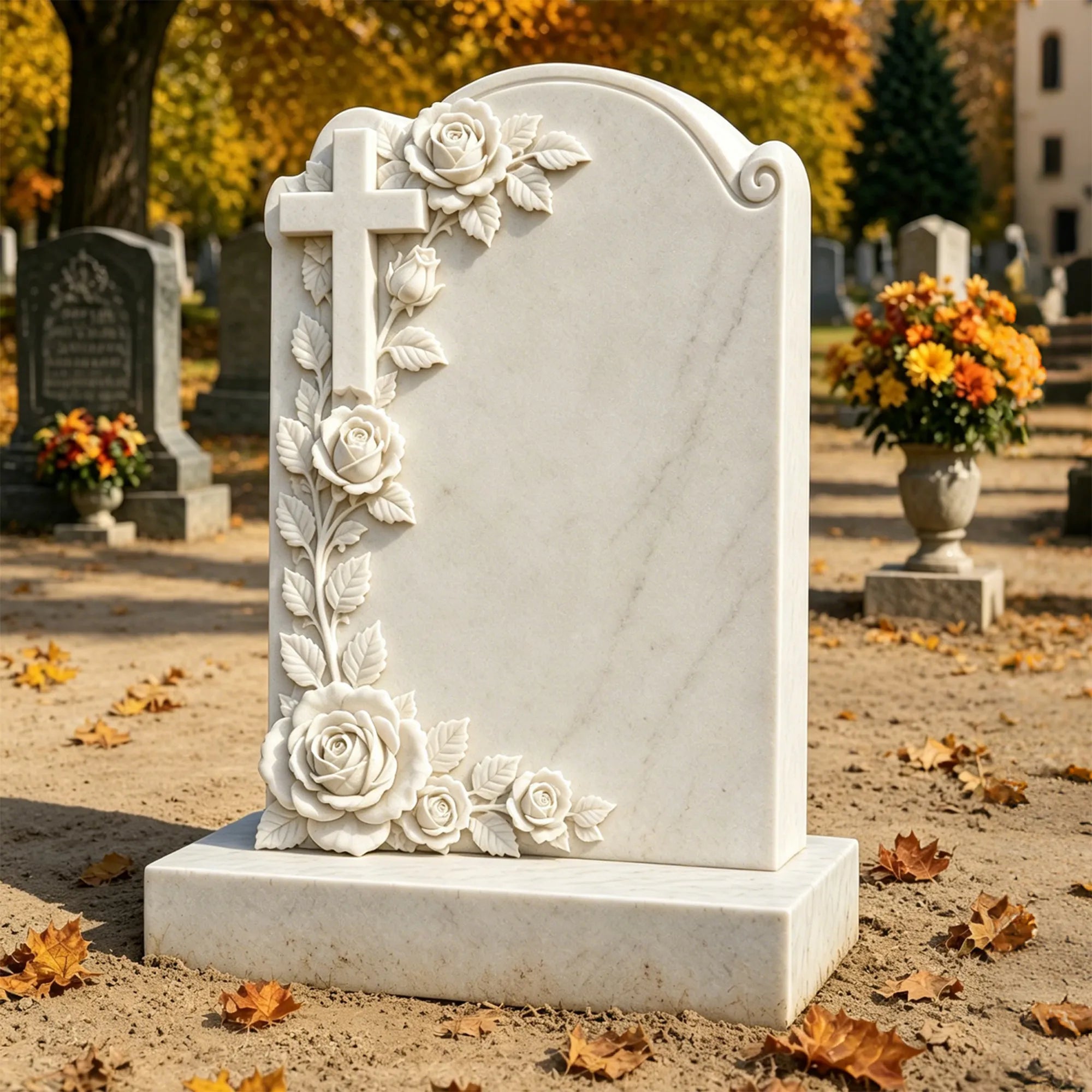 White marble Christian headstone with an arched top, carved cross, climbing roses, leaves, blank inscription panel, and rectangular base in an autumn cemetery.