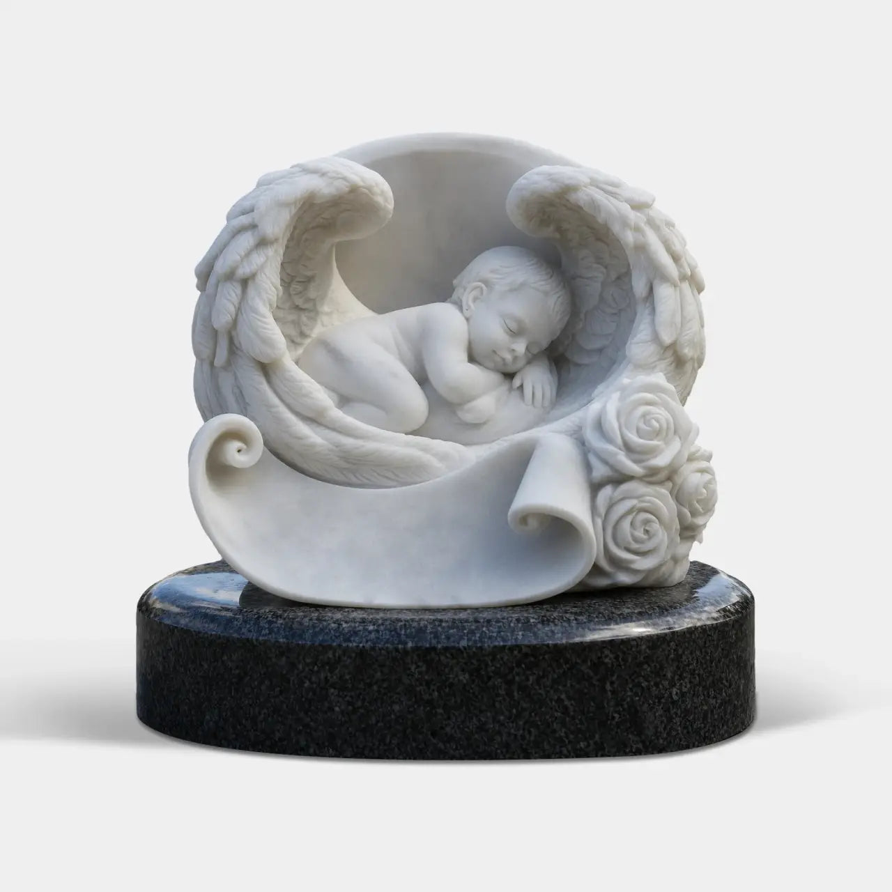 White marble child headstone featuring a sleeping baby protected by angel wings with carved roses on a black granite base in a cemetery.