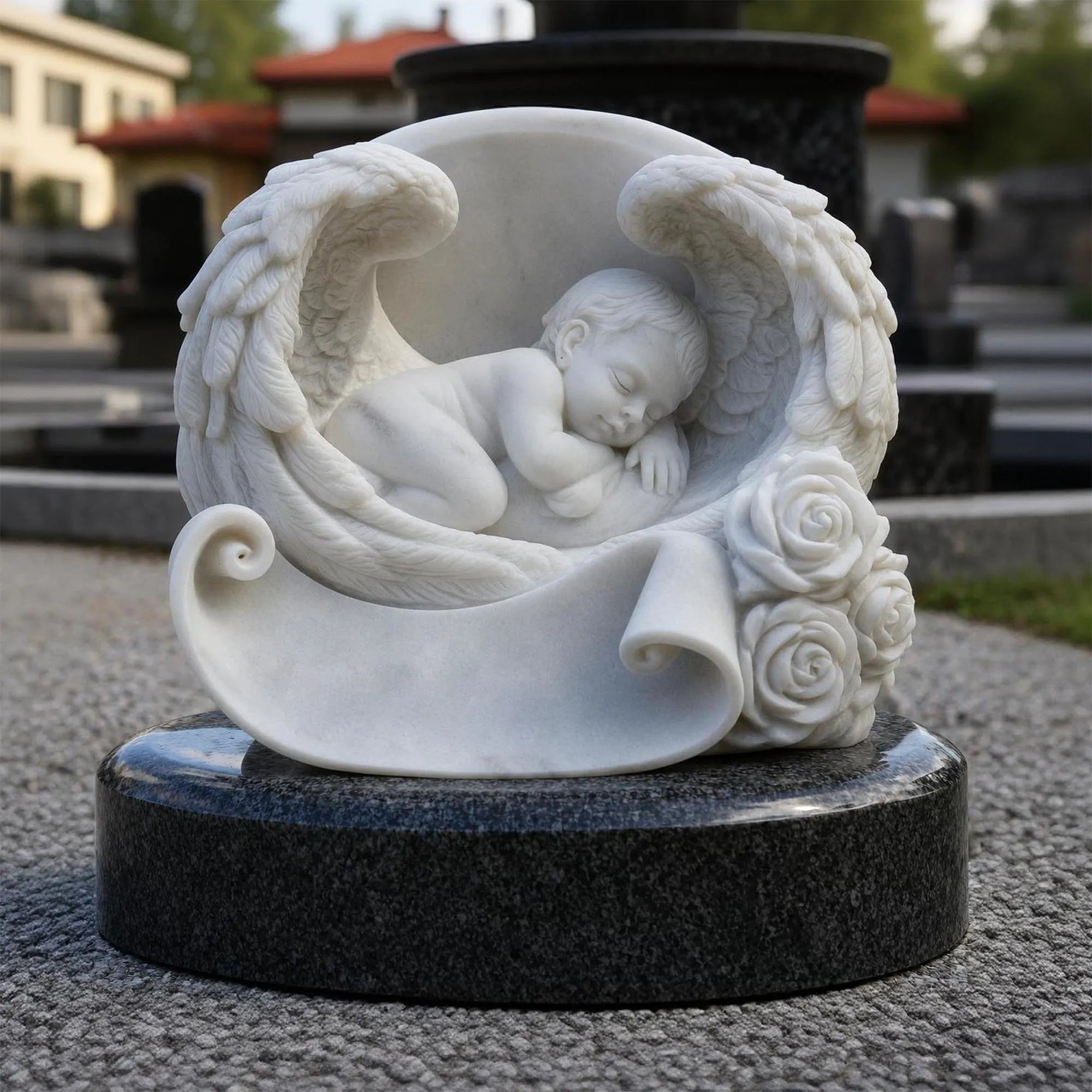 White marble child headstone featuring a sleeping baby protected by angel wings with carved roses on a black granite base in a cemetery.