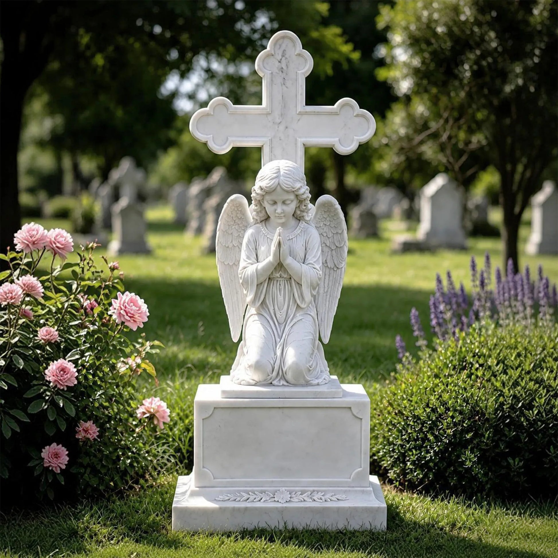 White marble angel headstone rests on green grass amid cemetery flowers.