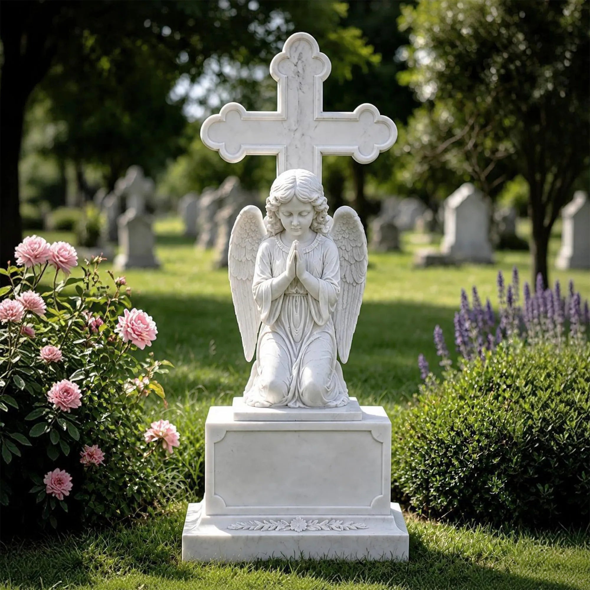 White marble angel headstone rests on green grass amid cemetery flowers.