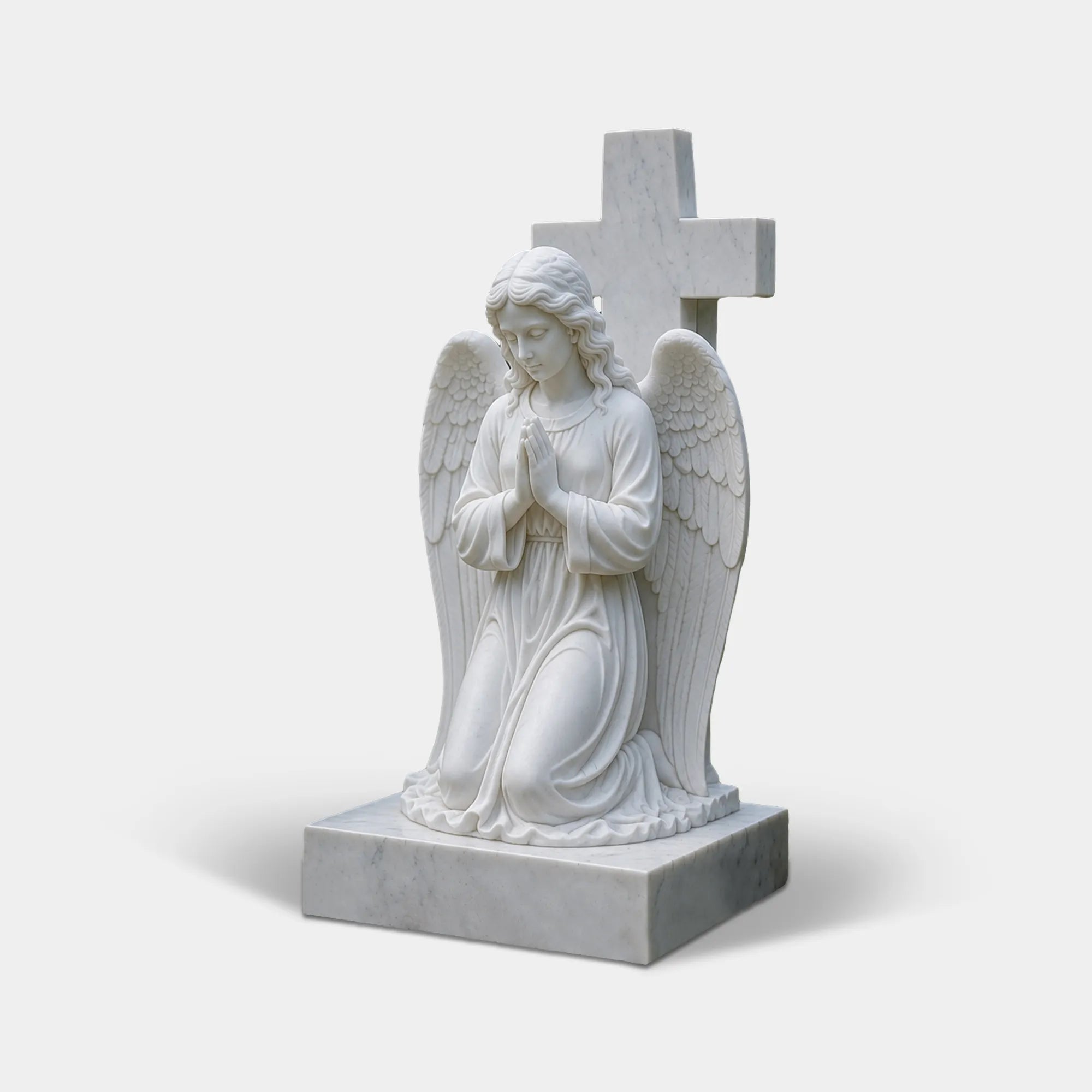 A white marble praying angel tombstone sits among shrubs and small blooms in the graveyard.