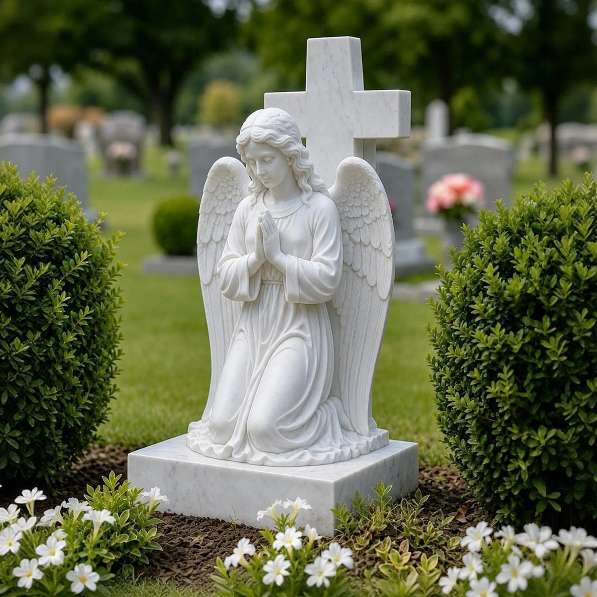 A white marble praying angel tombstone sits among shrubs and small blooms in the graveyard.