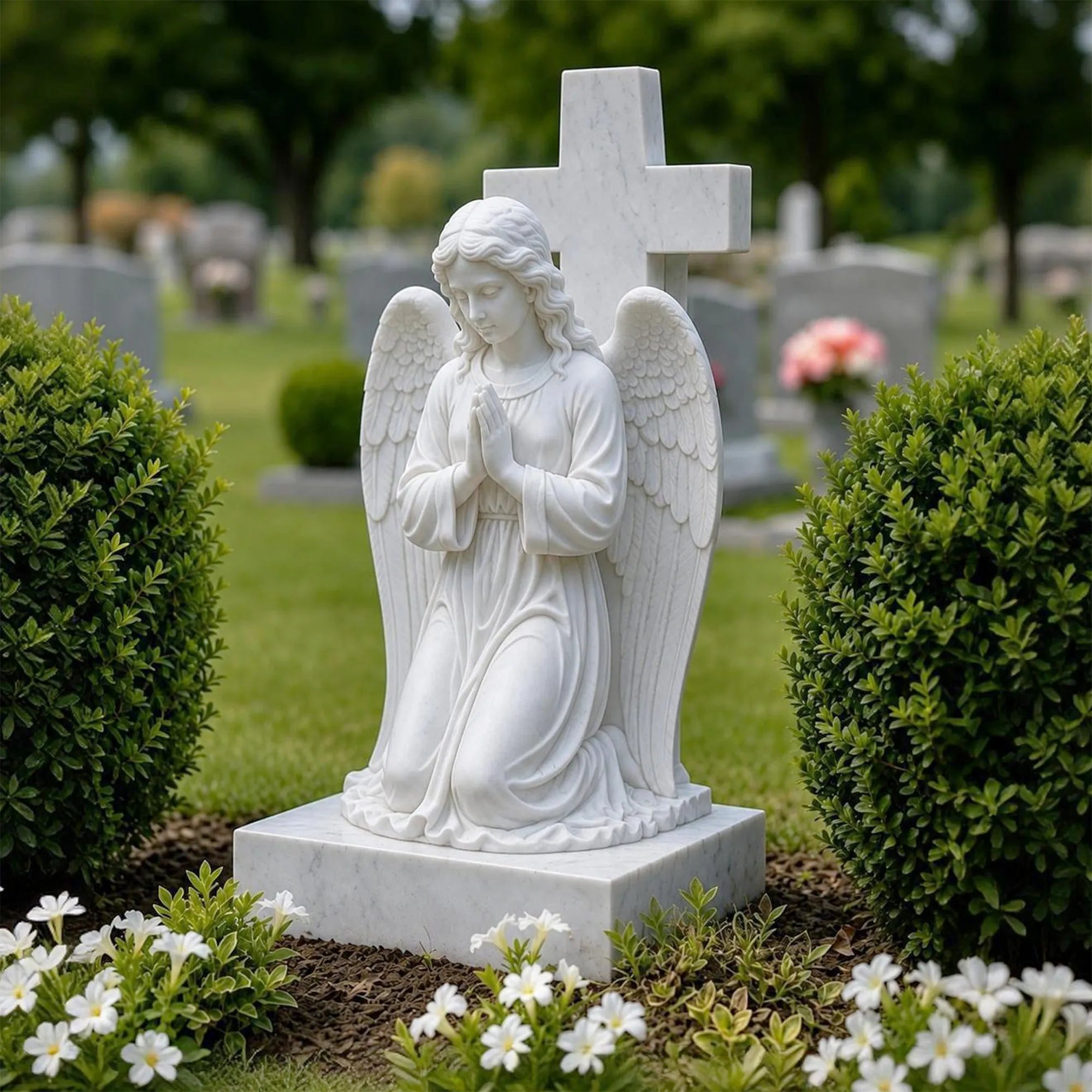 A white marble praying angel tombstone sits among shrubs and small blooms in the graveyard.