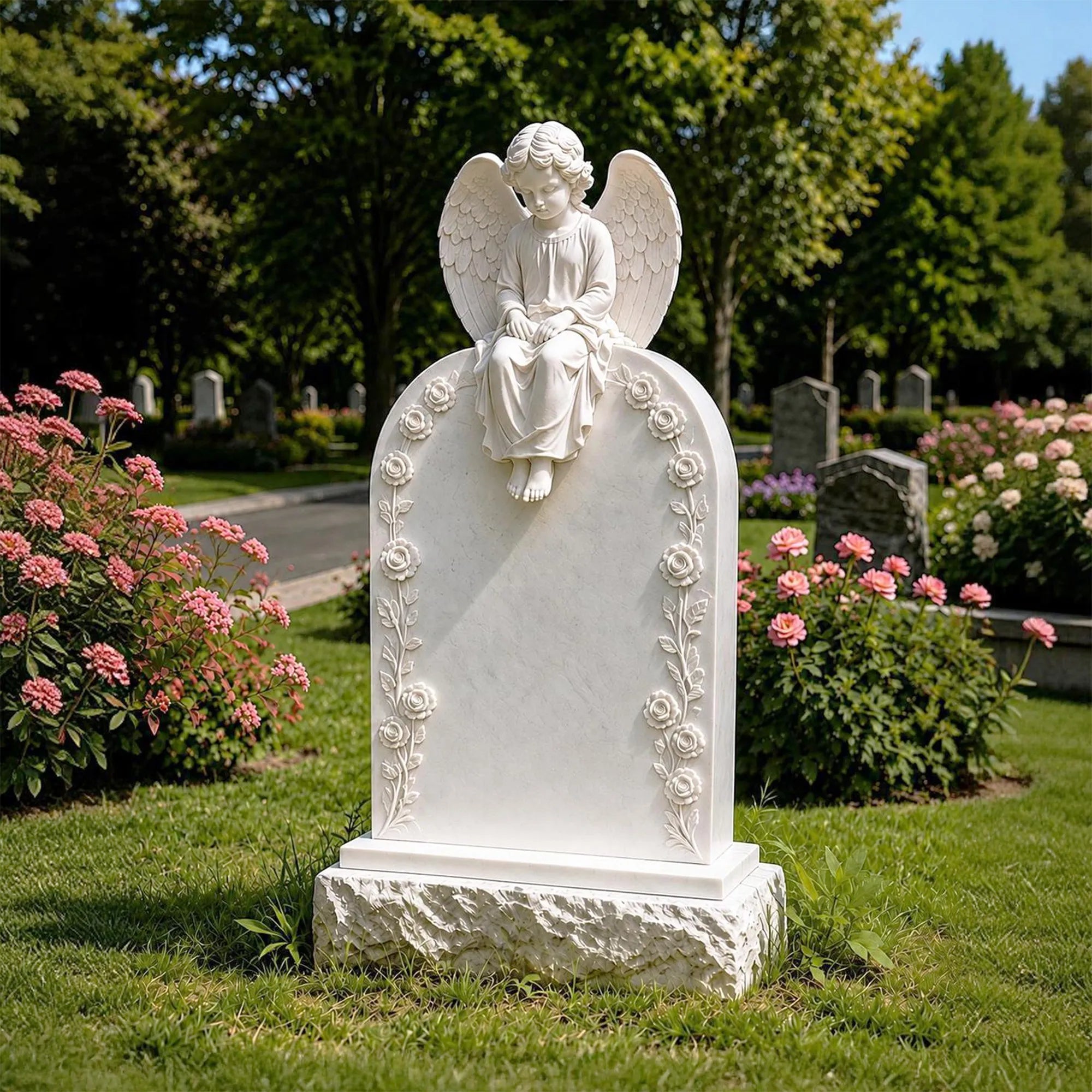 White marble cherub headstone with floral carvings stands on green lawn surrounded by rose bushes.