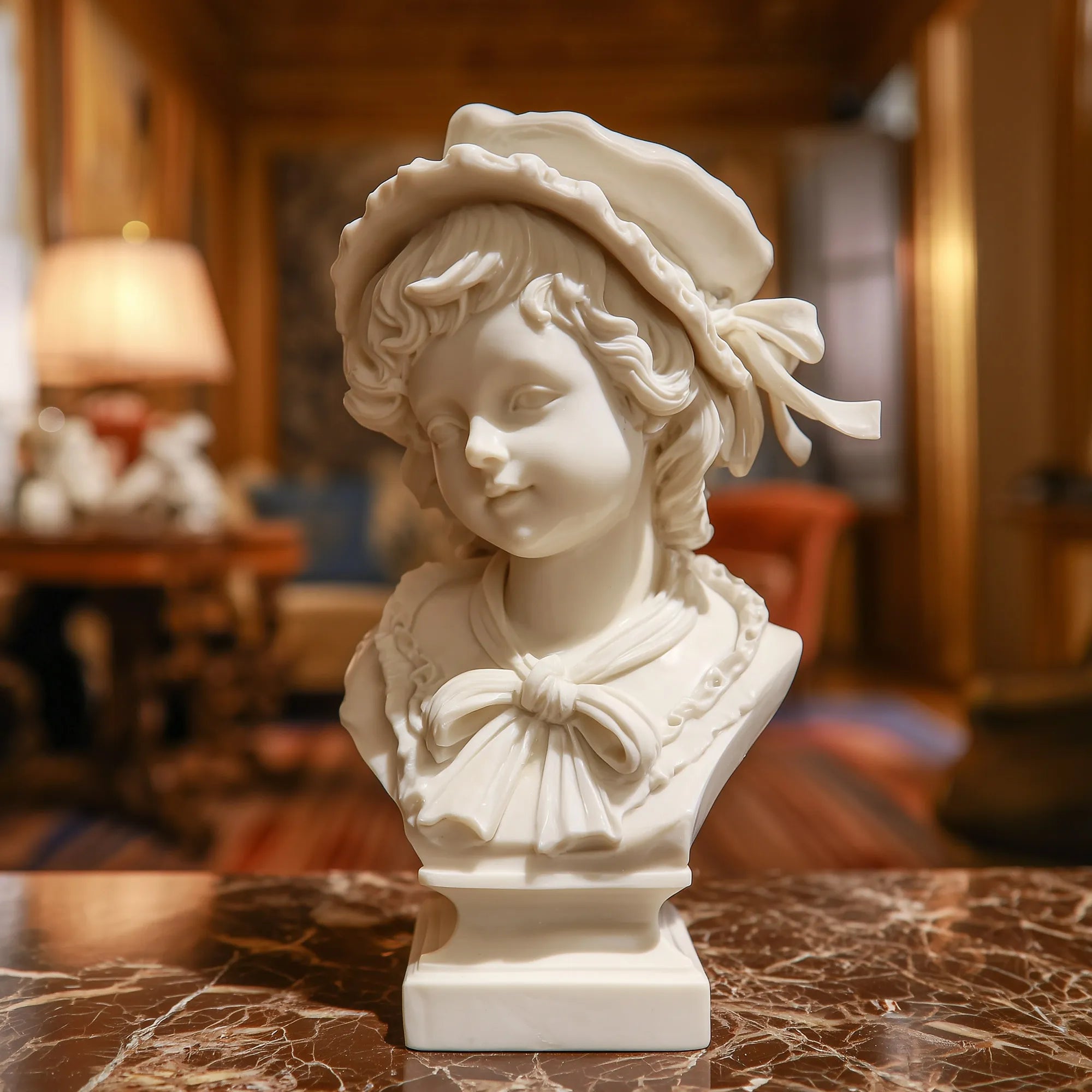 Marble girl bust sculpture rests on the marble table inside a classic living room.